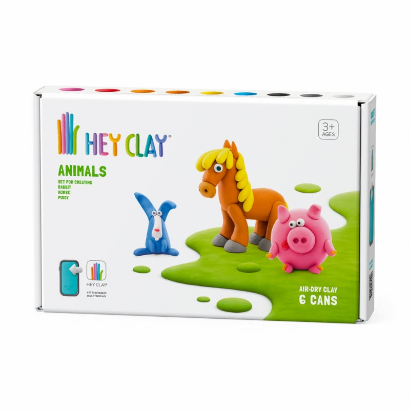 Hey Clay interactieve boetseerkleiset - 3 boerderijdieren - paard varken en konijn (6 potjes)
