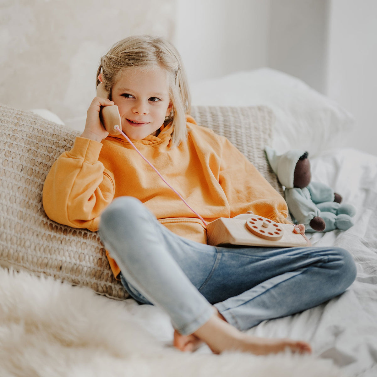 Grimm's - Houten draaiknop telefoon met katoenen snoer