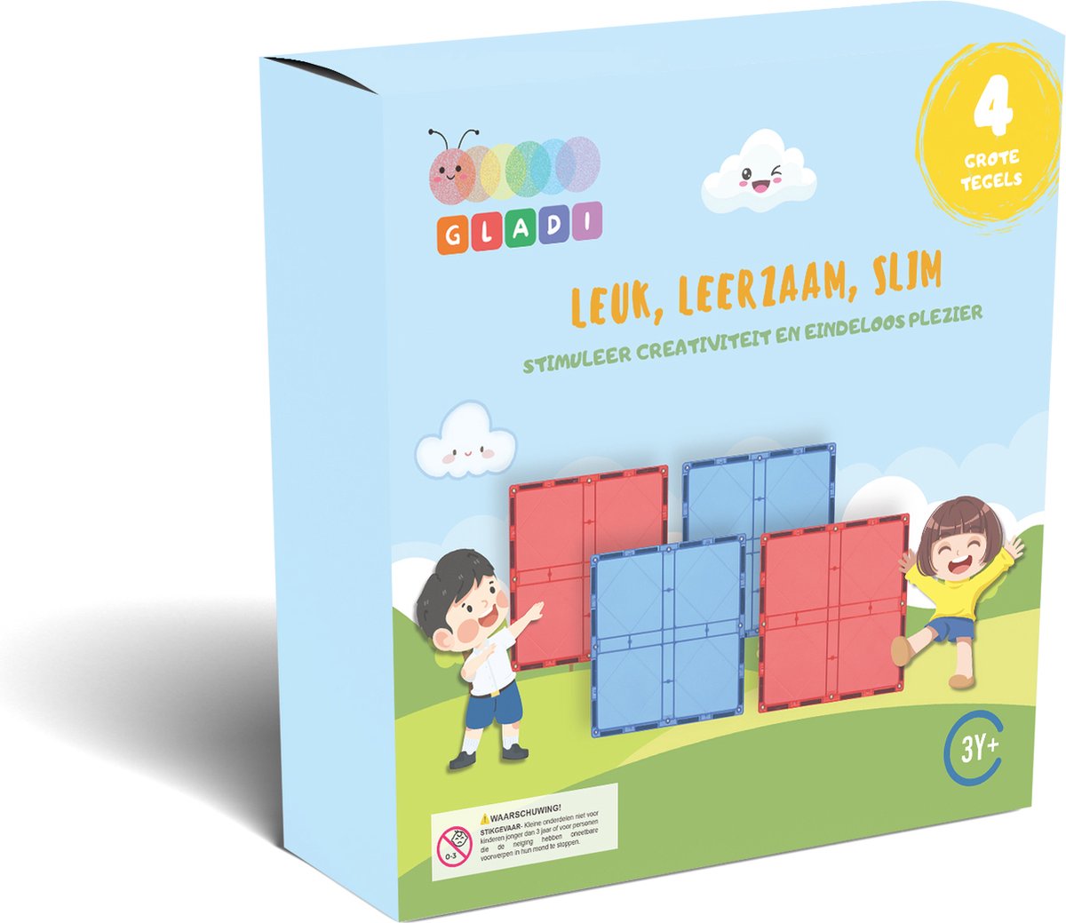 Gladi Tiles - 4 stuks Grote Tegels - Magnetic Tiles - Magnetisch Speelgoed