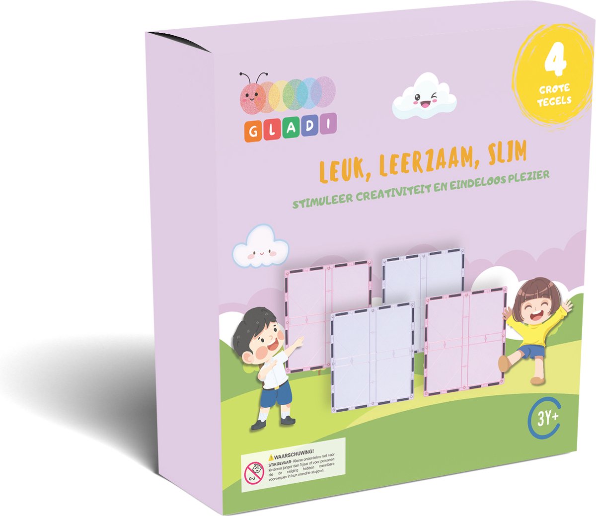 Gladi Tiles - 4 stuks Grote Tegels Pastel - Magnetic Tiles - Magnetisch Speelgoed