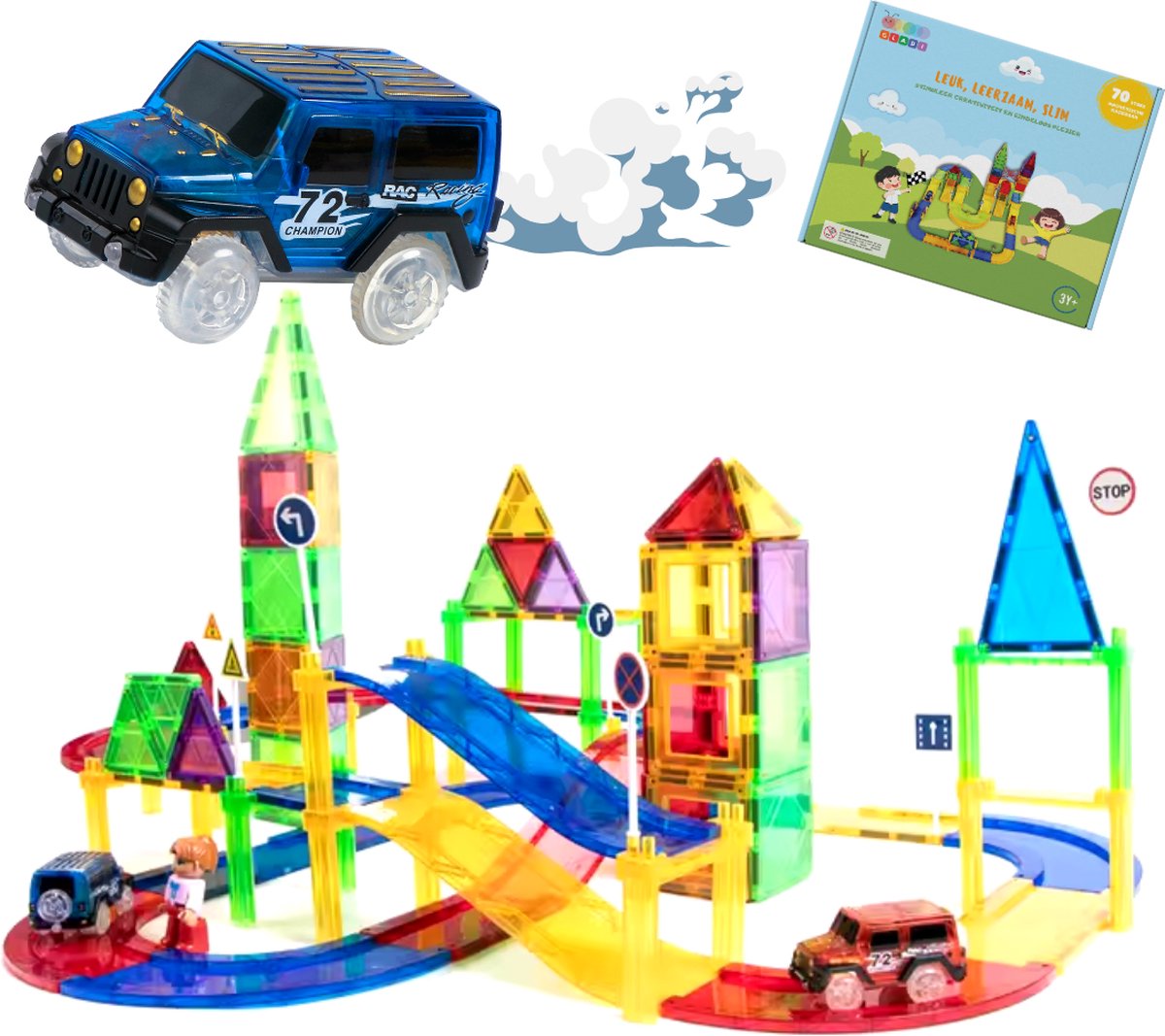 Gladi Tiles - 70 stuks racebaan - Magnetic Tiles - Magnetisch Speelgoed