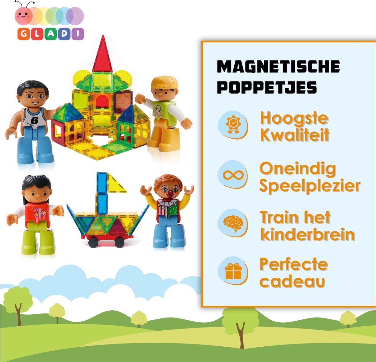 Gladi Tiles - 4 magnetische poppetjes - Magnetic Tiles - Magnetisch Speelgoed