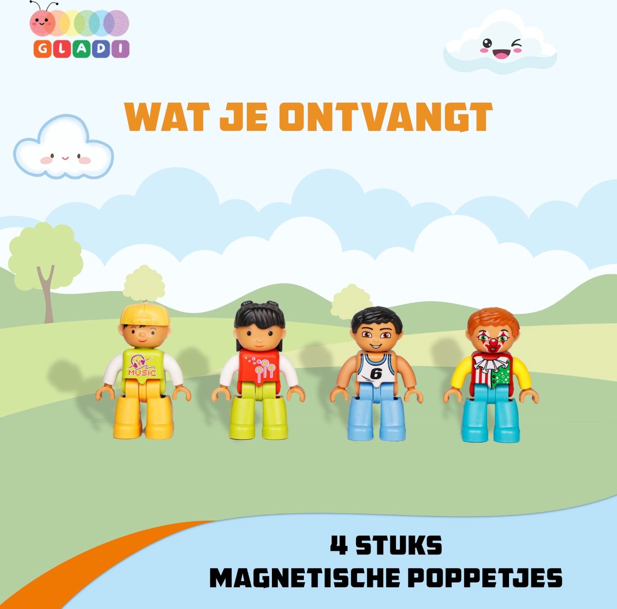 Gladi Tiles - 4 magnetische poppetjes - Magnetic Tiles - Magnetisch Speelgoed
