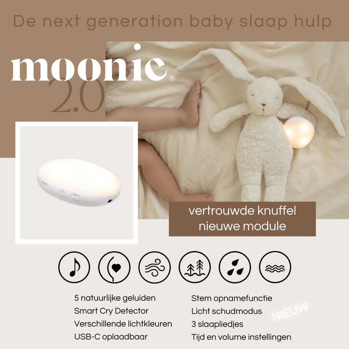 Moonie - Slaapknuffel The Humming Friend 2.0 - Cloud White Noise