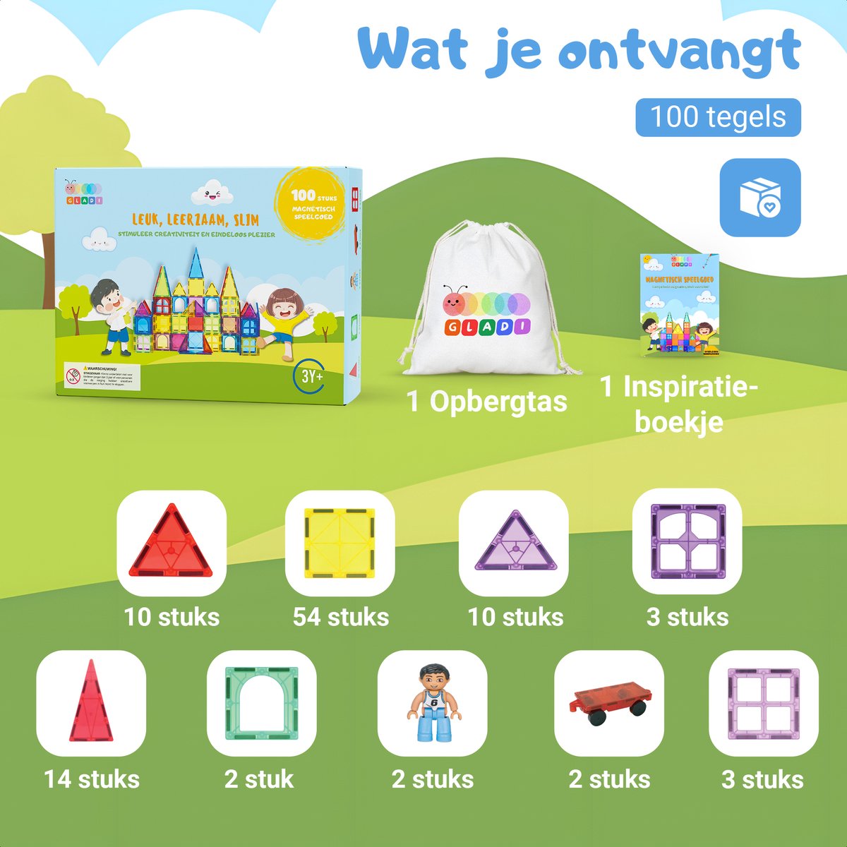 Gladi Tiles - 100 stuks - Magnetic Tiles - Magnetisch Speelgoed