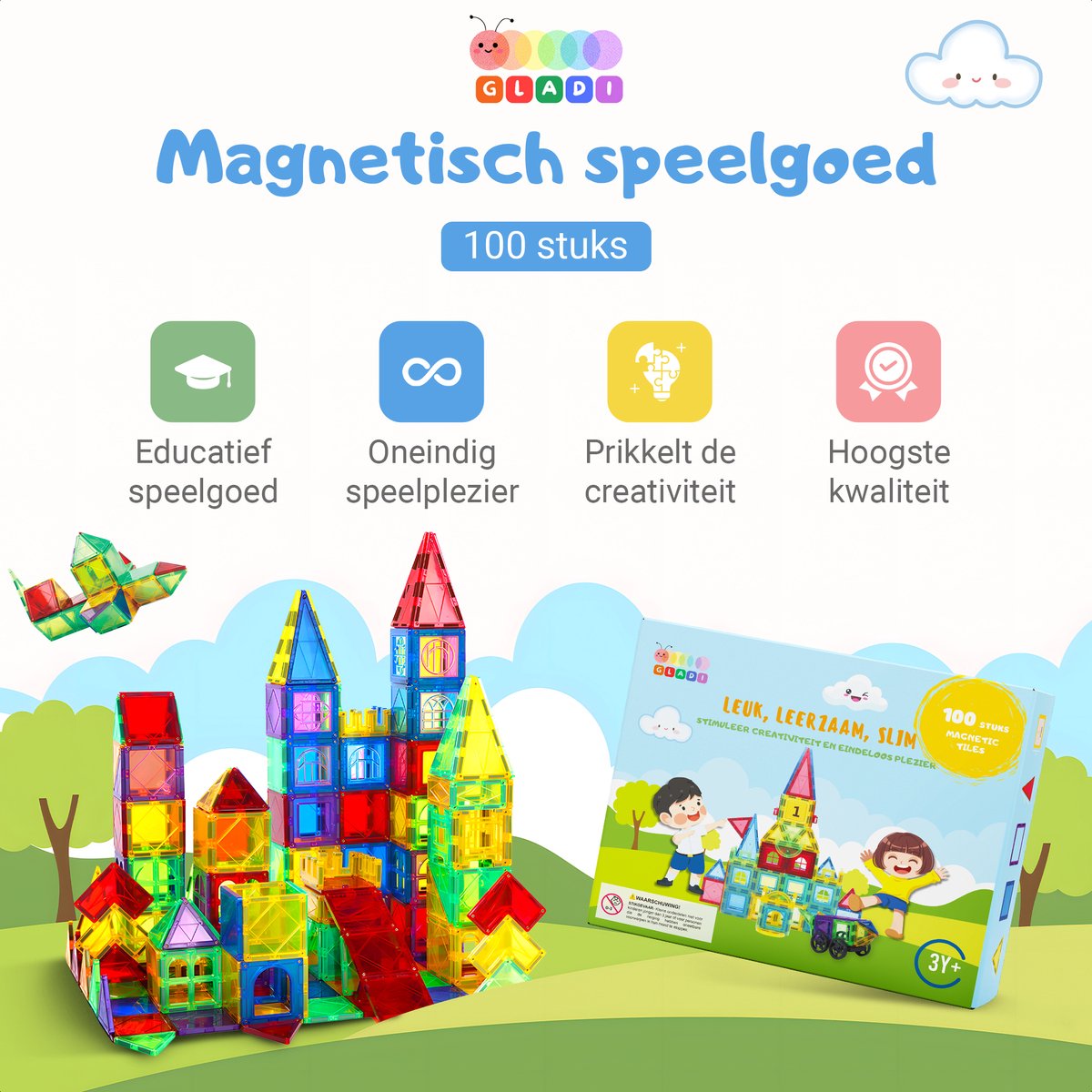 Gladi Tiles - 100 stuks - Magnetic Tiles - Magnetisch Speelgoed