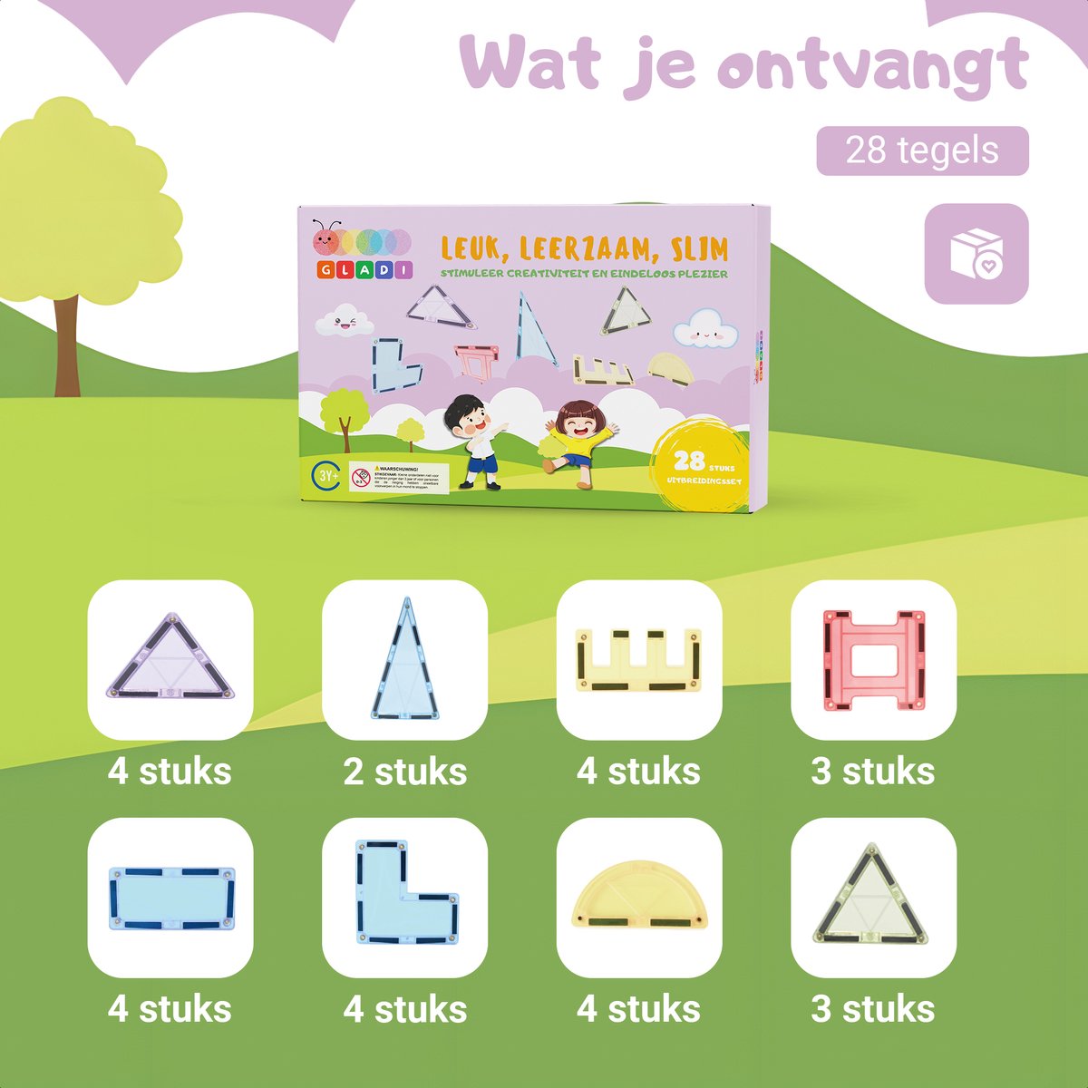 Gladi Tiles - 28 stuks Pastel - Magnetic Tiles - Magnetisch Speelgoed