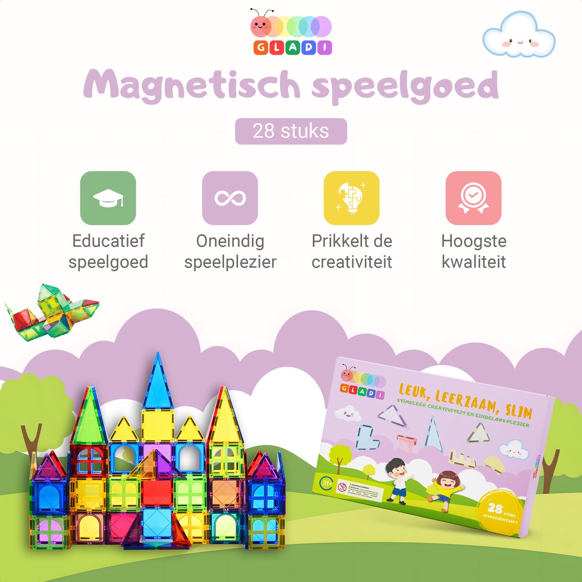 Gladi Tiles - 28 stuks Pastel - Magnetic Tiles - Magnetisch Speelgoed