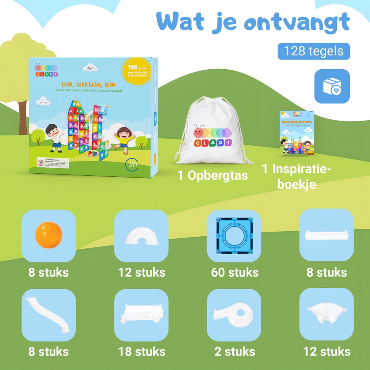 Gladi Tiles - 128 stuks knikkerbaan - Magnetic Tiles - Magnetisch Speelgoed