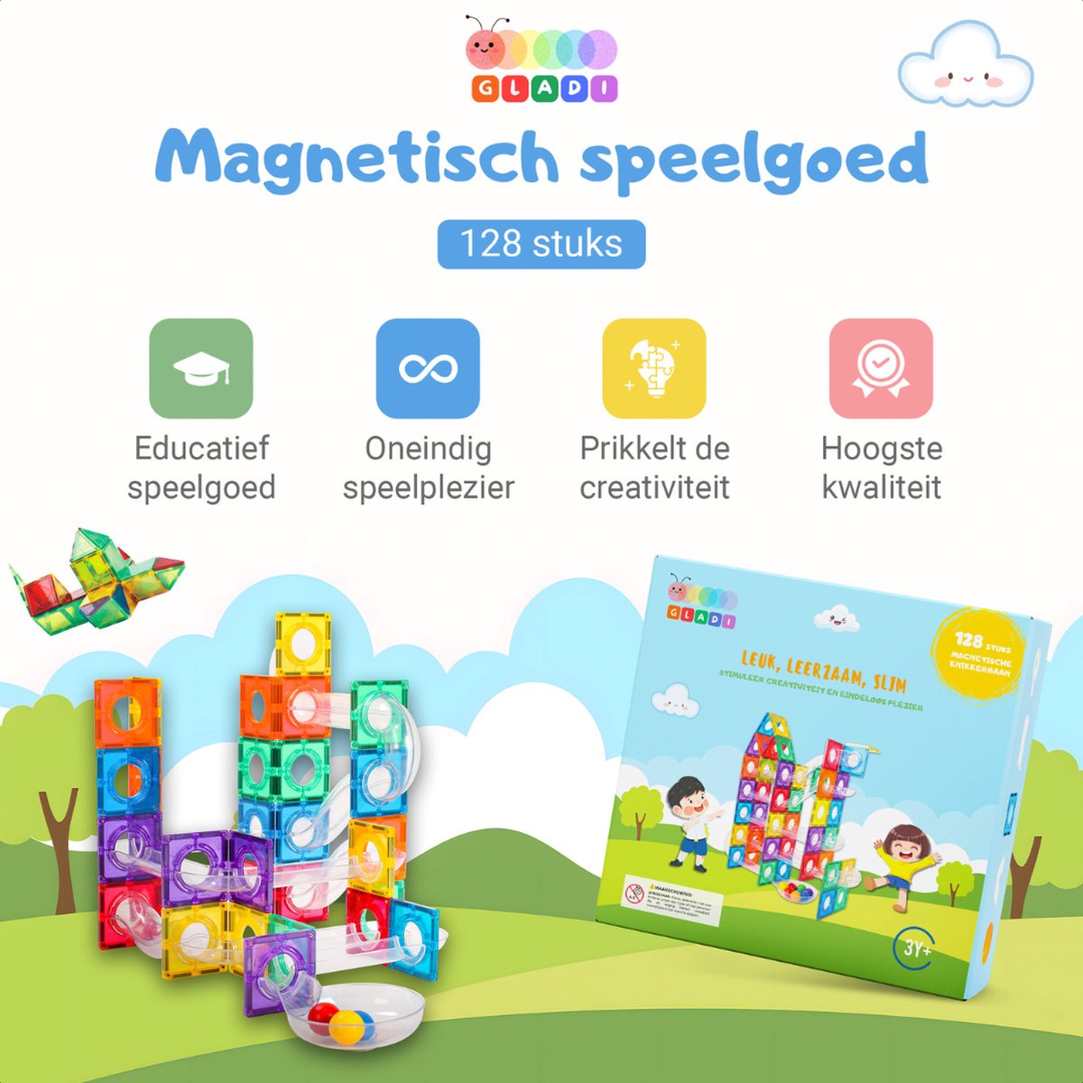 Gladi Tiles - 128 stuks knikkerbaan - Magnetic Tiles - Magnetisch Speelgoed