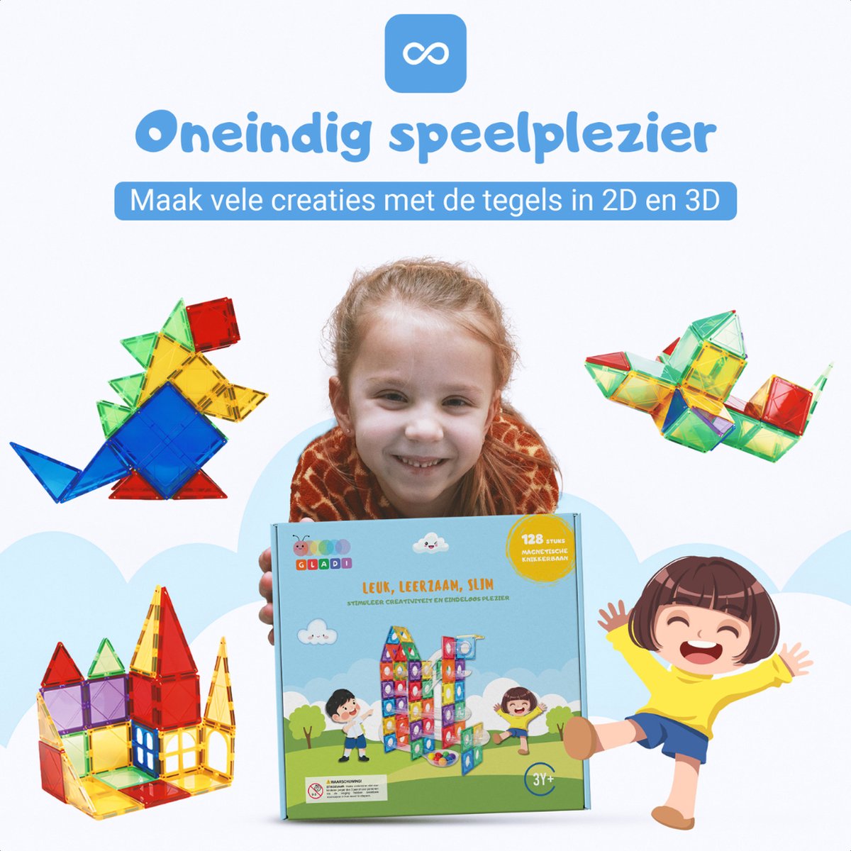 Gladi Tiles - 128 stuks knikkerbaan - Magnetic Tiles - Magnetisch Speelgoed