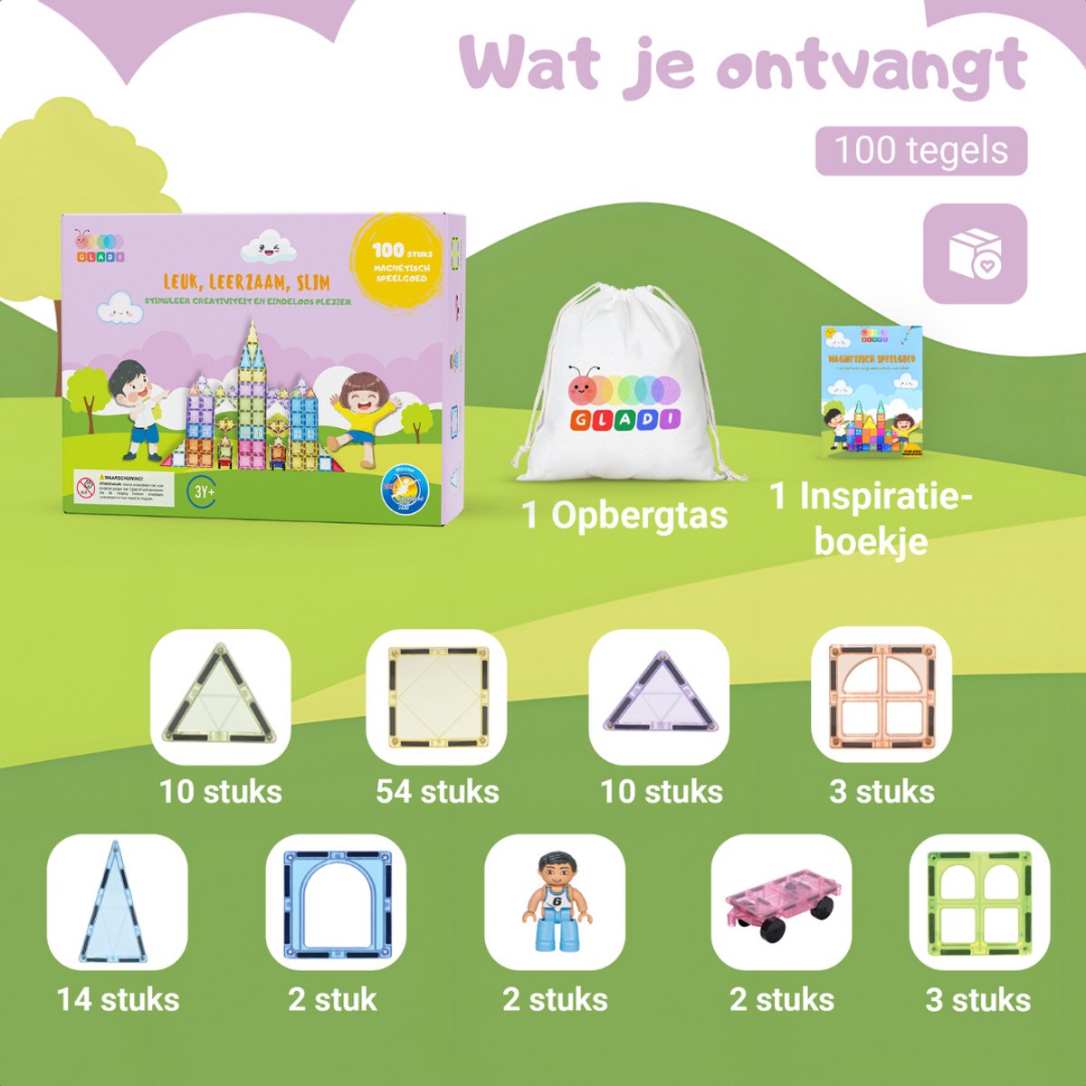 Gladi Tiles - 100 stuks Pastel - Magnetic Tiles - Magnetisch Speelgoed