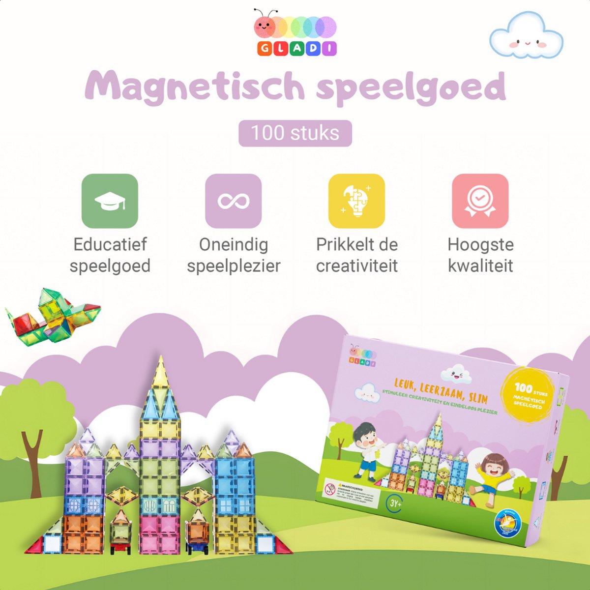 Gladi Tiles - 100 stuks Pastel - Magnetic Tiles - Magnetisch Speelgoed