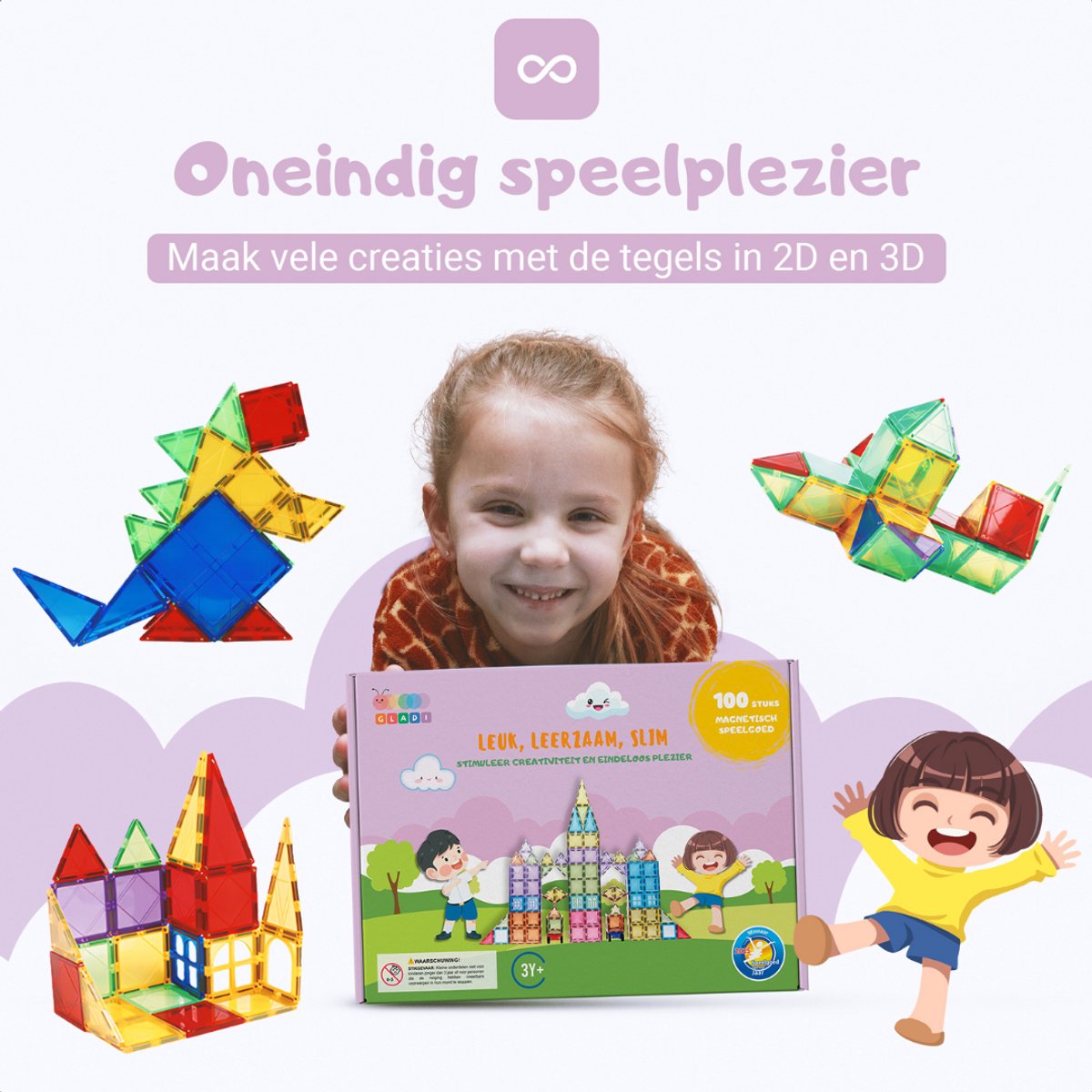 Gladi Tiles - 100 stuks Pastel - Magnetic Tiles - Magnetisch Speelgoed