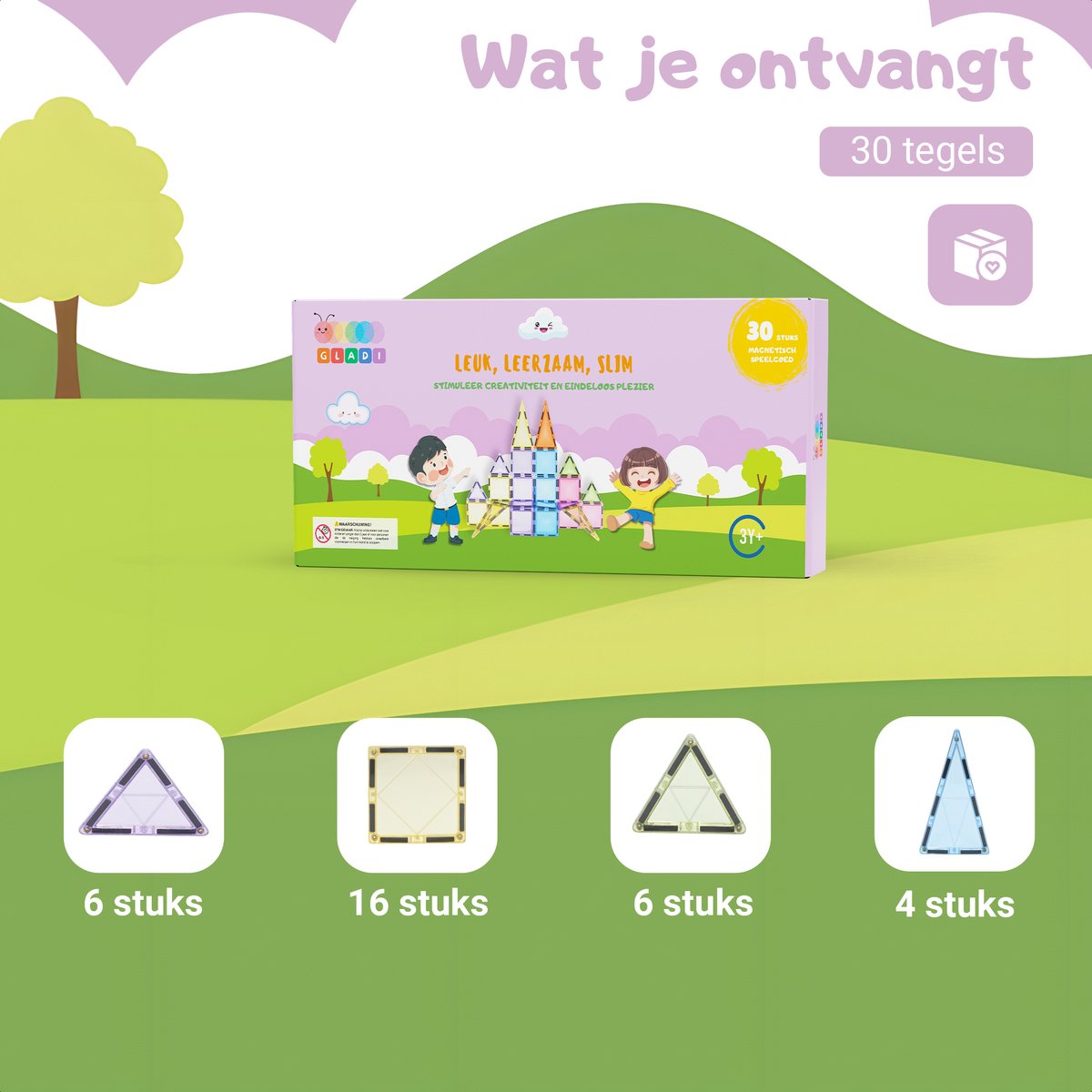 Gladi Tiles - 30 stuks Pastel - Magnetic Tiles - Magnetisch Speelgoed