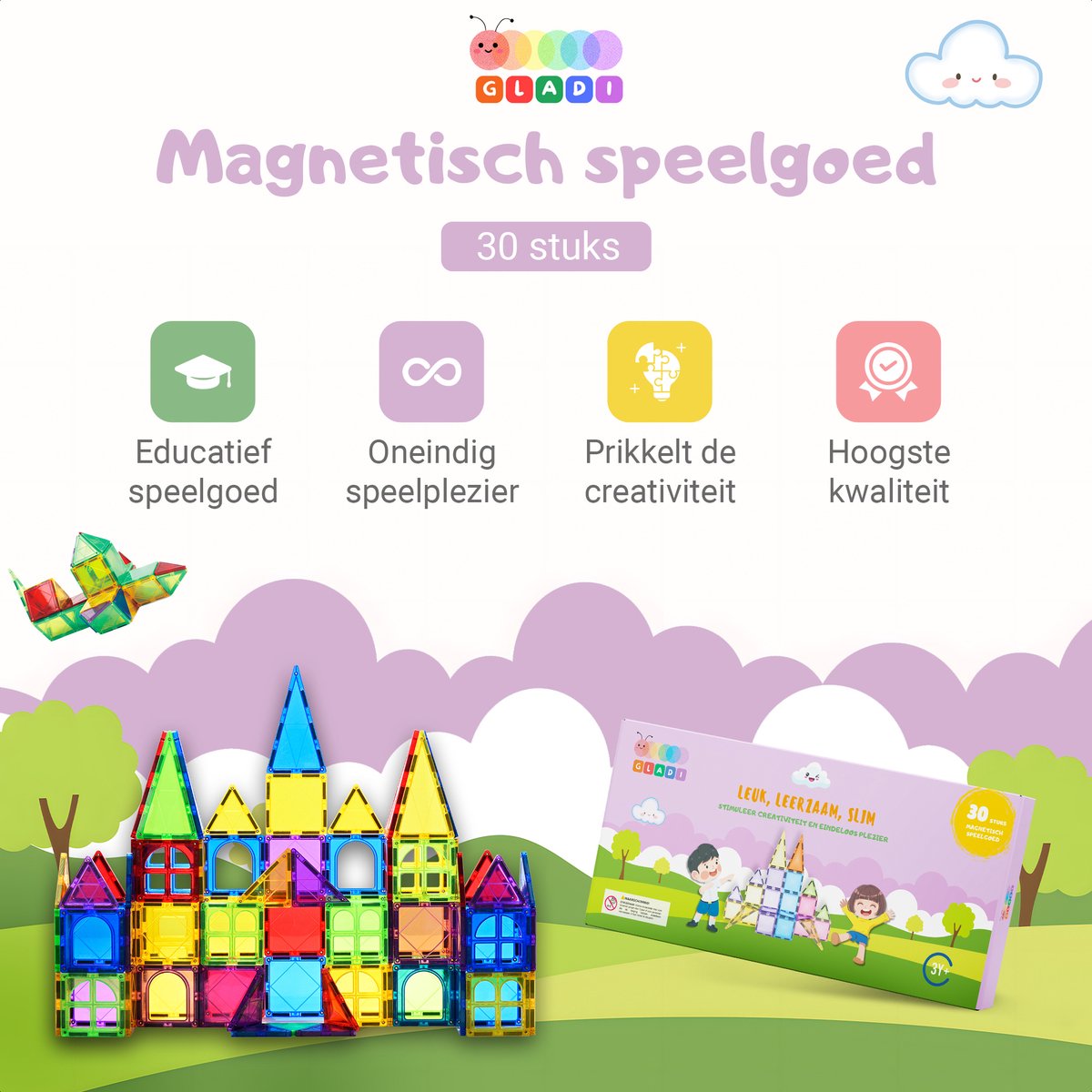 Gladi Tiles - 30 stuks Pastel - Magnetic Tiles - Magnetisch Speelgoed