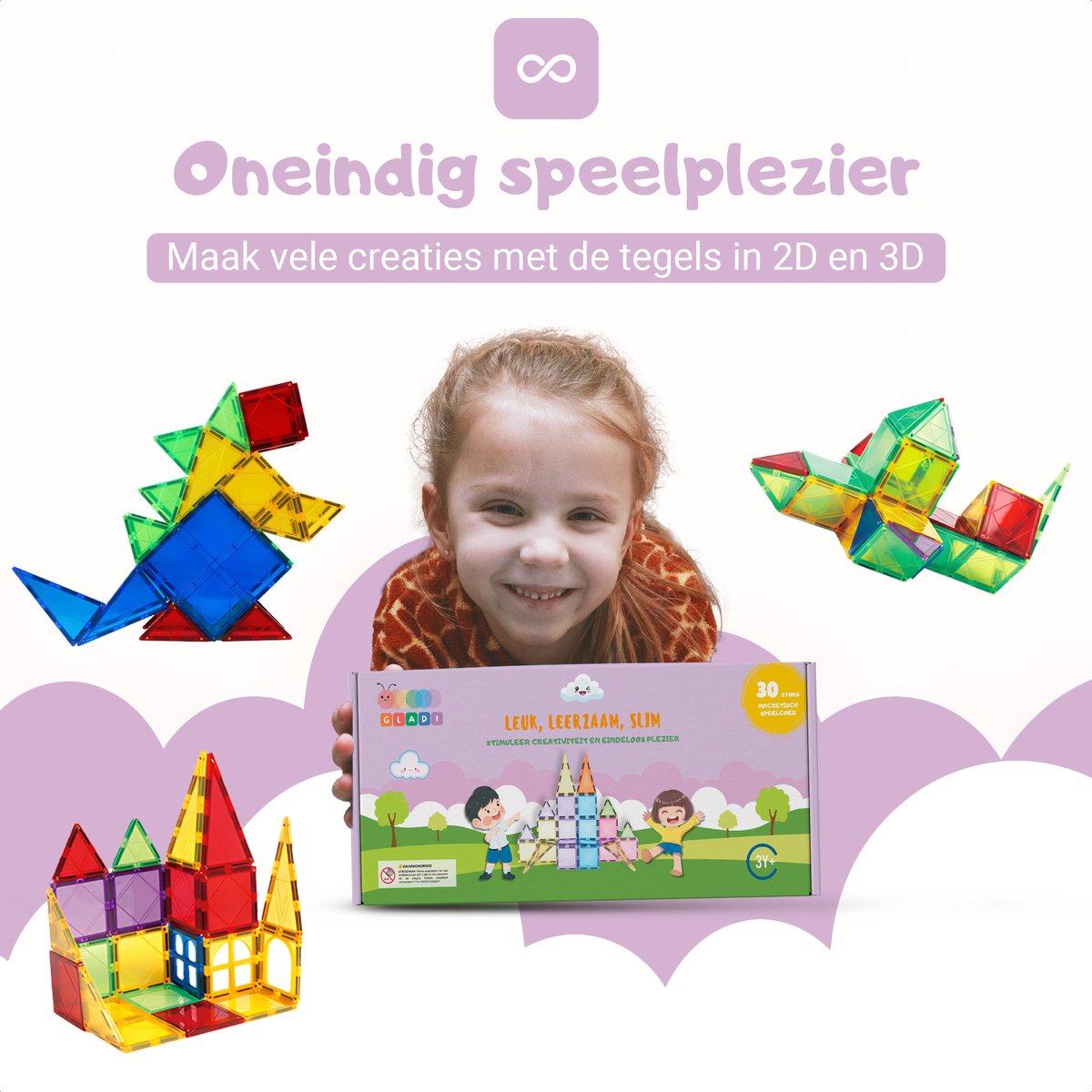 Gladi Tiles - 30 stuks Pastel - Magnetic Tiles - Magnetisch Speelgoed