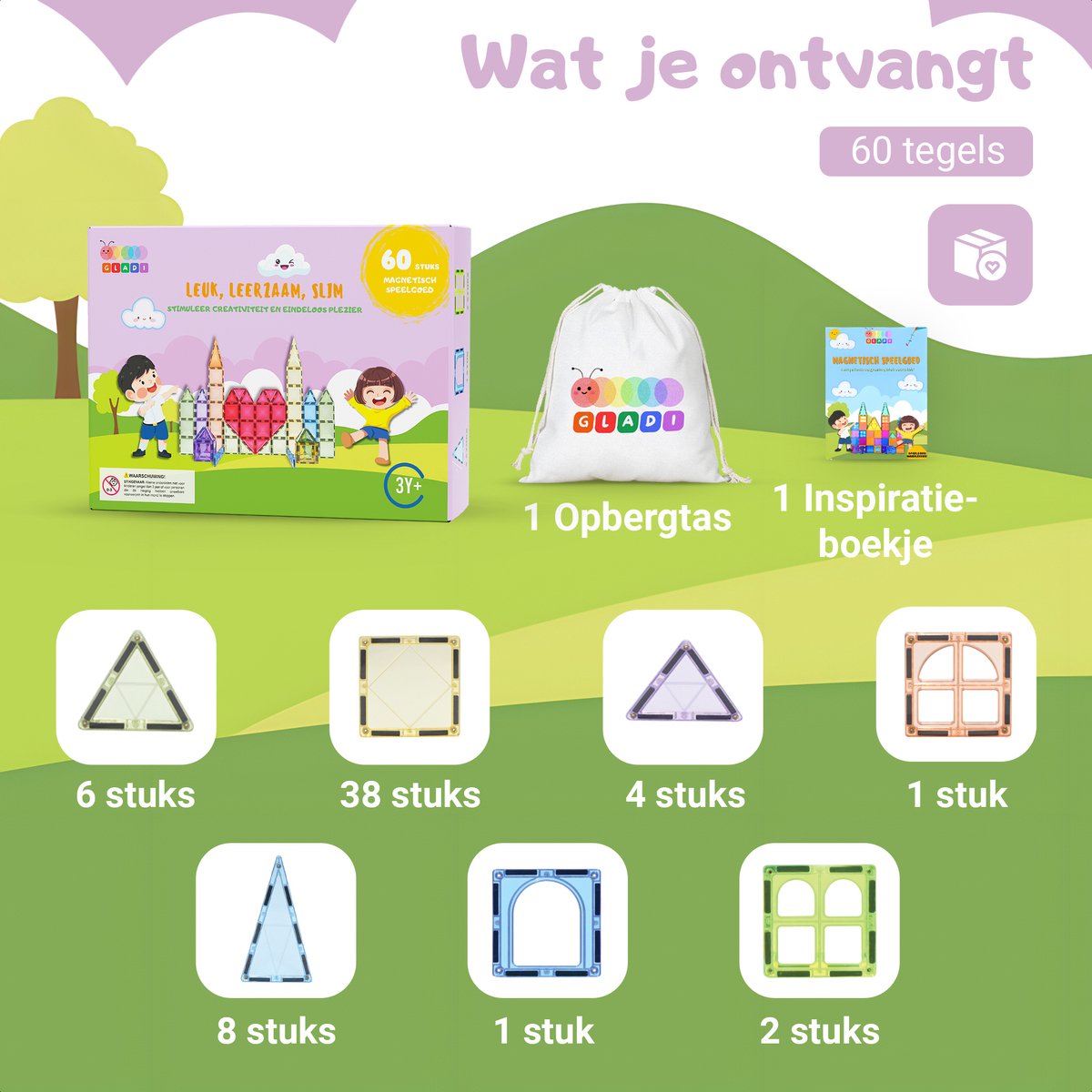 Gladi Tiles - 60 stuks Pastel - Magnetic Tiles - Magnetisch Speelgoed