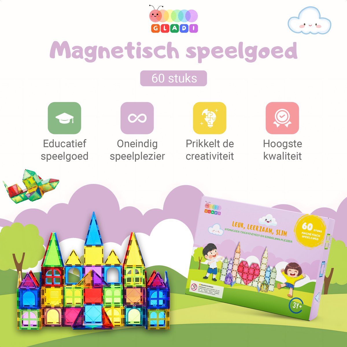 Gladi Tiles - 60 stuks Pastel - Magnetic Tiles - Magnetisch Speelgoed