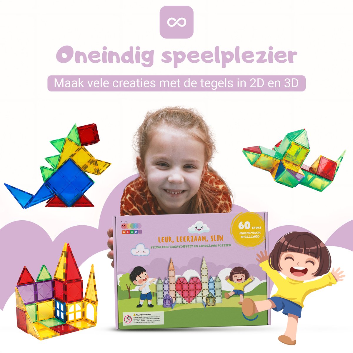 Gladi Tiles - 60 stuks Pastel - Magnetic Tiles - Magnetisch Speelgoed