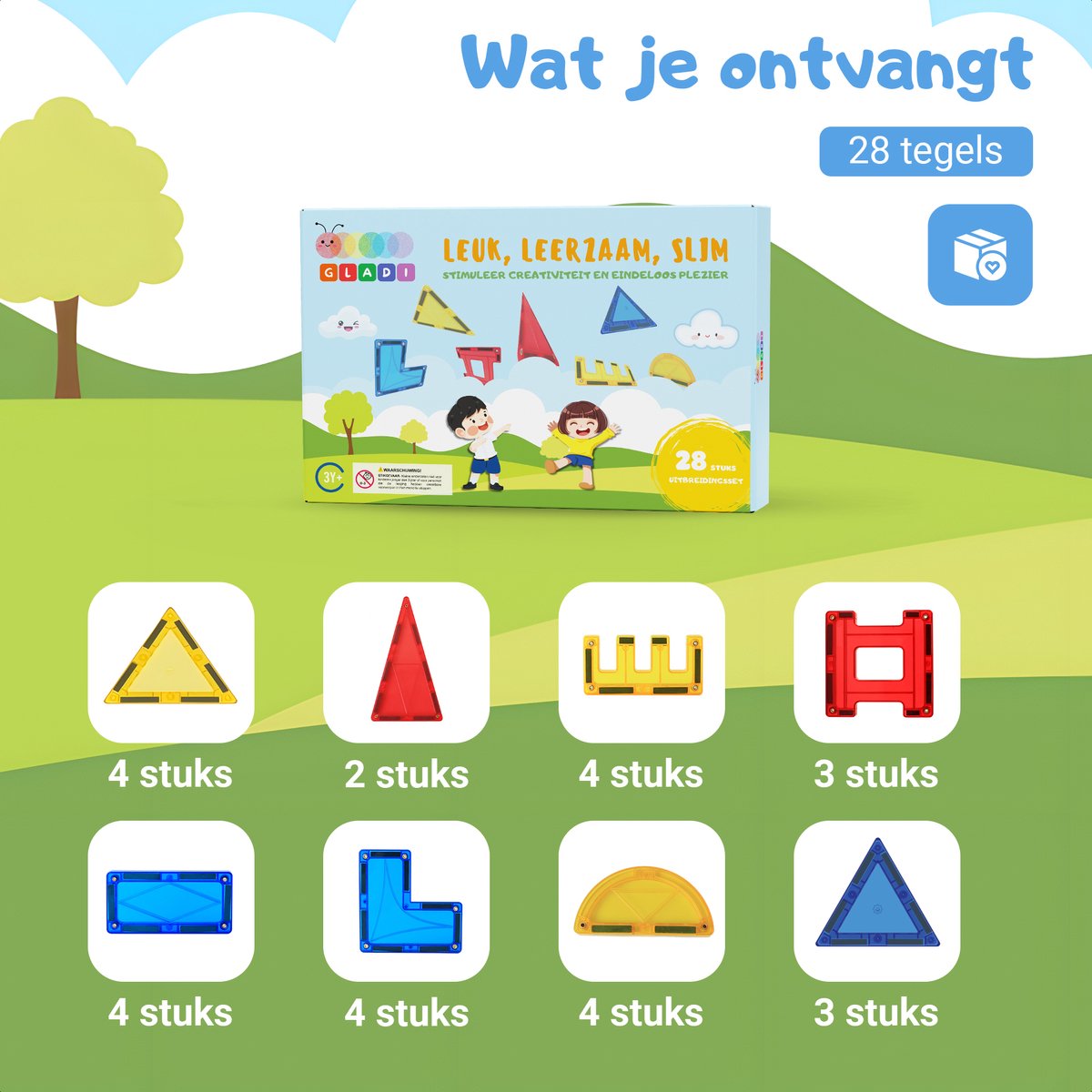 Gladi Tiles - 28 stuks bijzondere vormen - Magnetic Tiles - Magnetisch Speelgoed