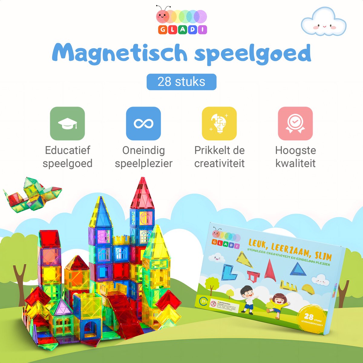 Gladi Tiles - 28 stuks bijzondere vormen - Magnetic Tiles - Magnetisch Speelgoed