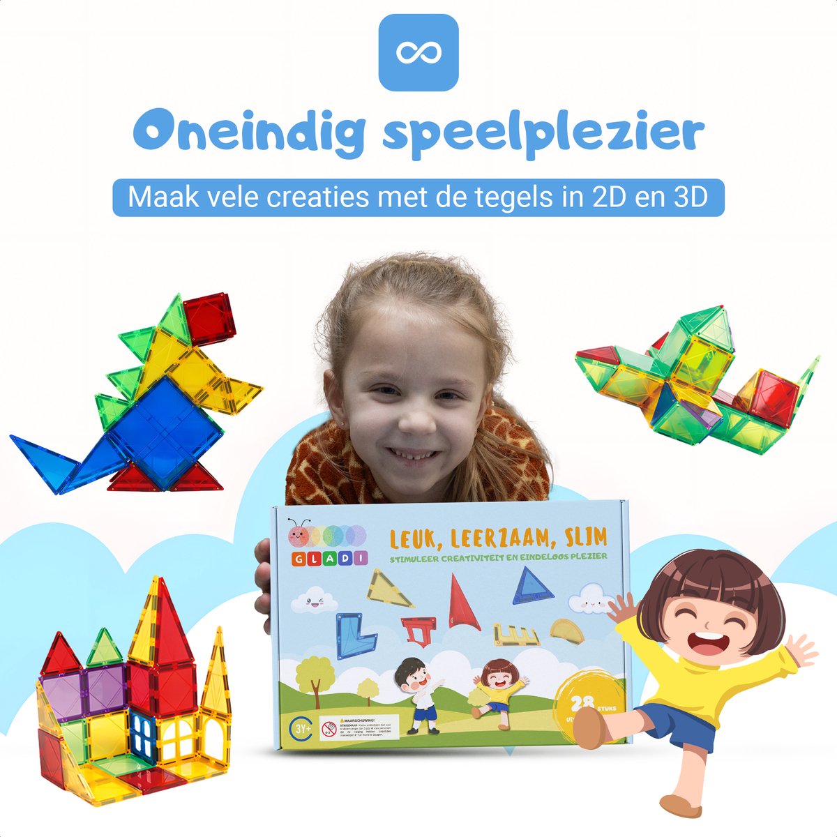 Gladi Tiles - 28 stuks bijzondere vormen - Magnetic Tiles - Magnetisch Speelgoed