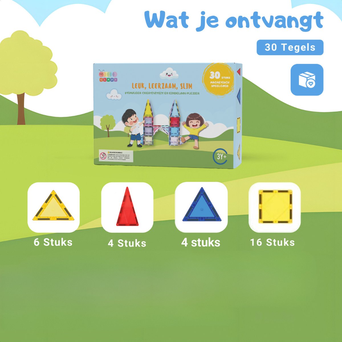 Gladi Tiles - 30 stuks - Magnetic Tiles - Magnetisch Speelgoed