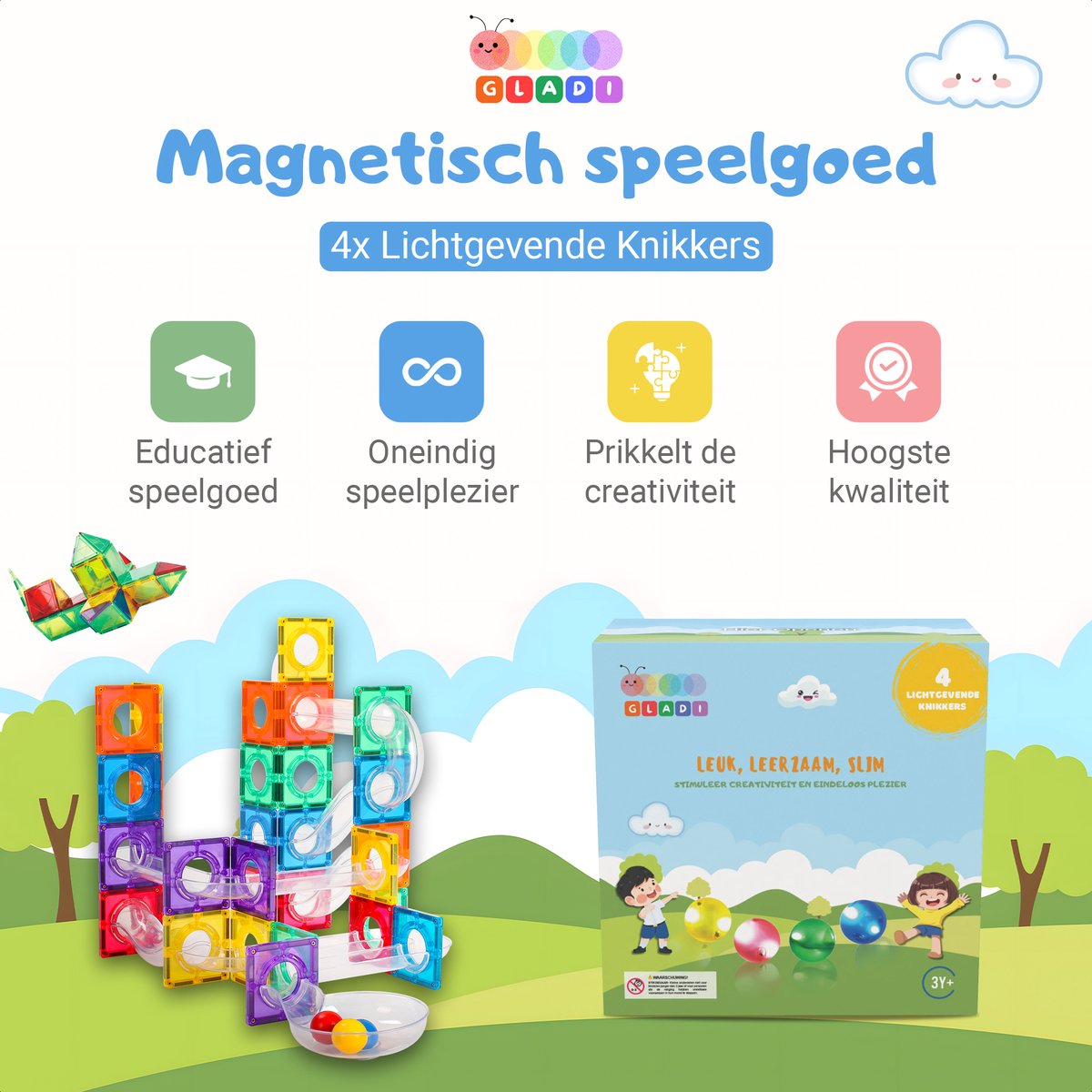 Gladi Tiles - 4 lichtgevende ballen voor knikkerbaan - Magnetic Tiles - Magnetisch Speelgoed