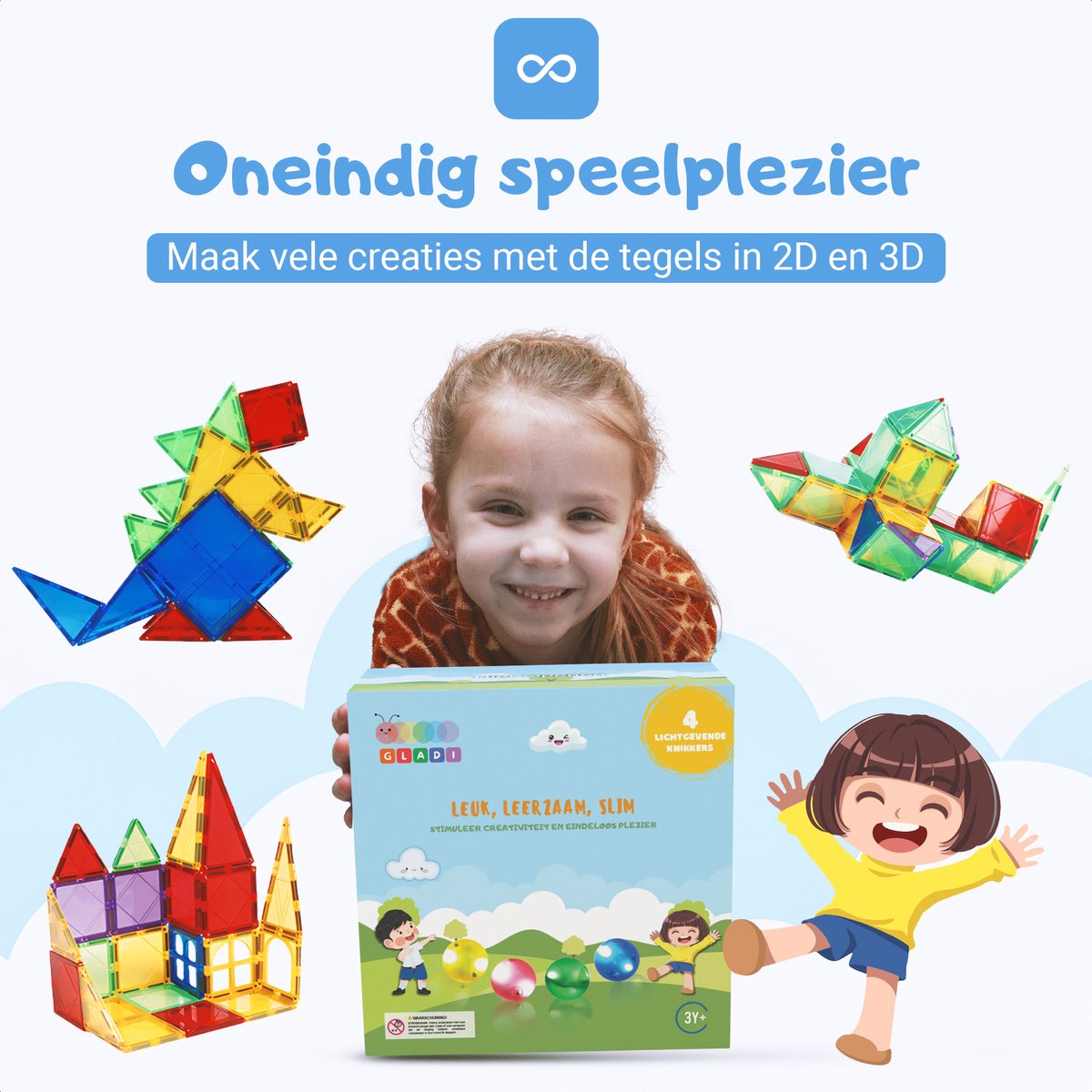 Gladi Tiles - 4 lichtgevende ballen voor knikkerbaan - Magnetic Tiles - Magnetisch Speelgoed