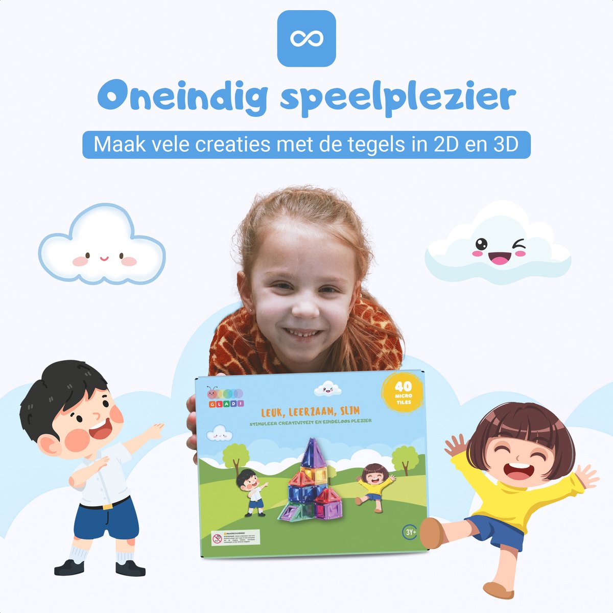 Gladi Tiles - 40 micro tegels - Magnetic Tiles - Magnetisch Speelgoed