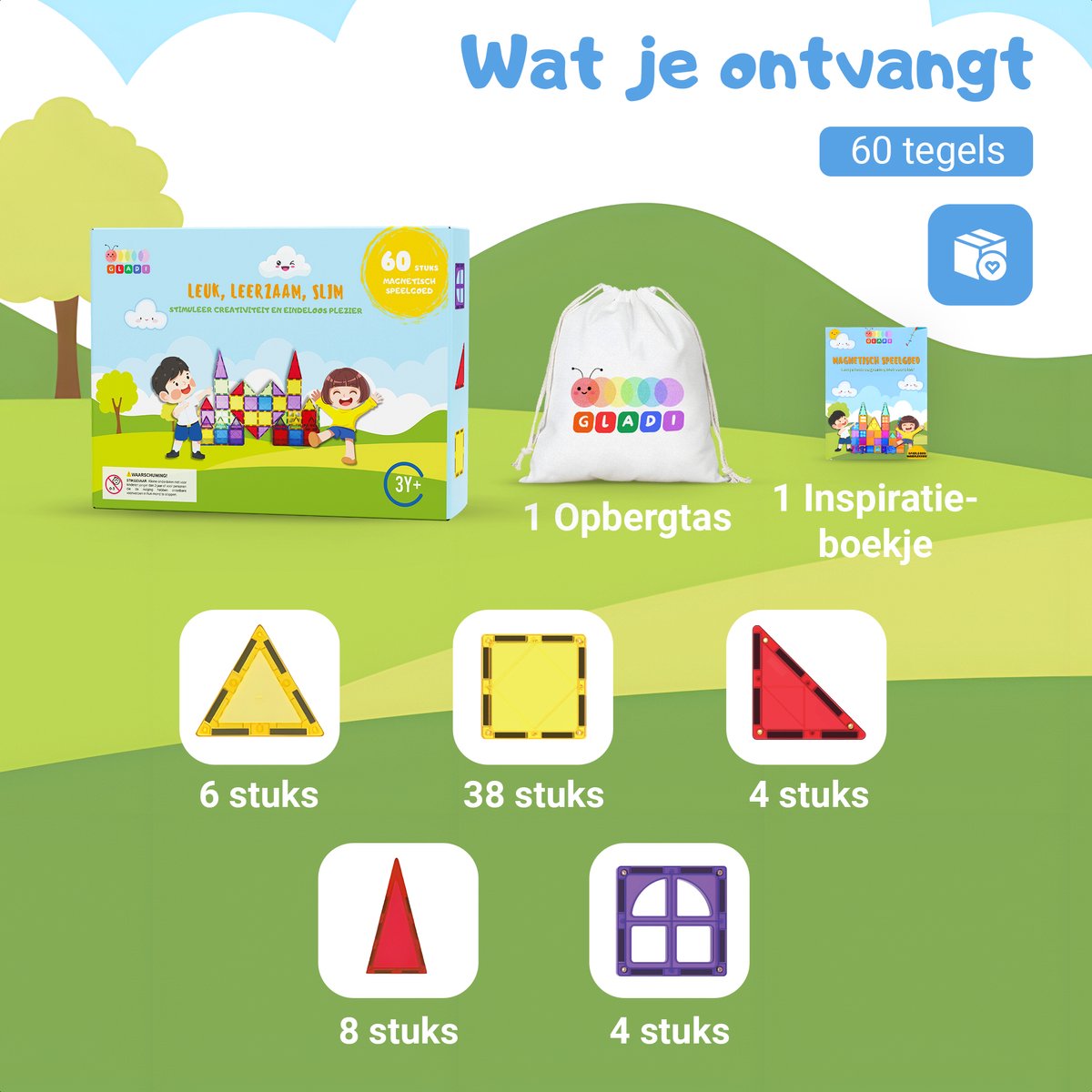 Gladi Tiles - 60 stuks - Magnetic Tiles - Magnetisch Speelgoed