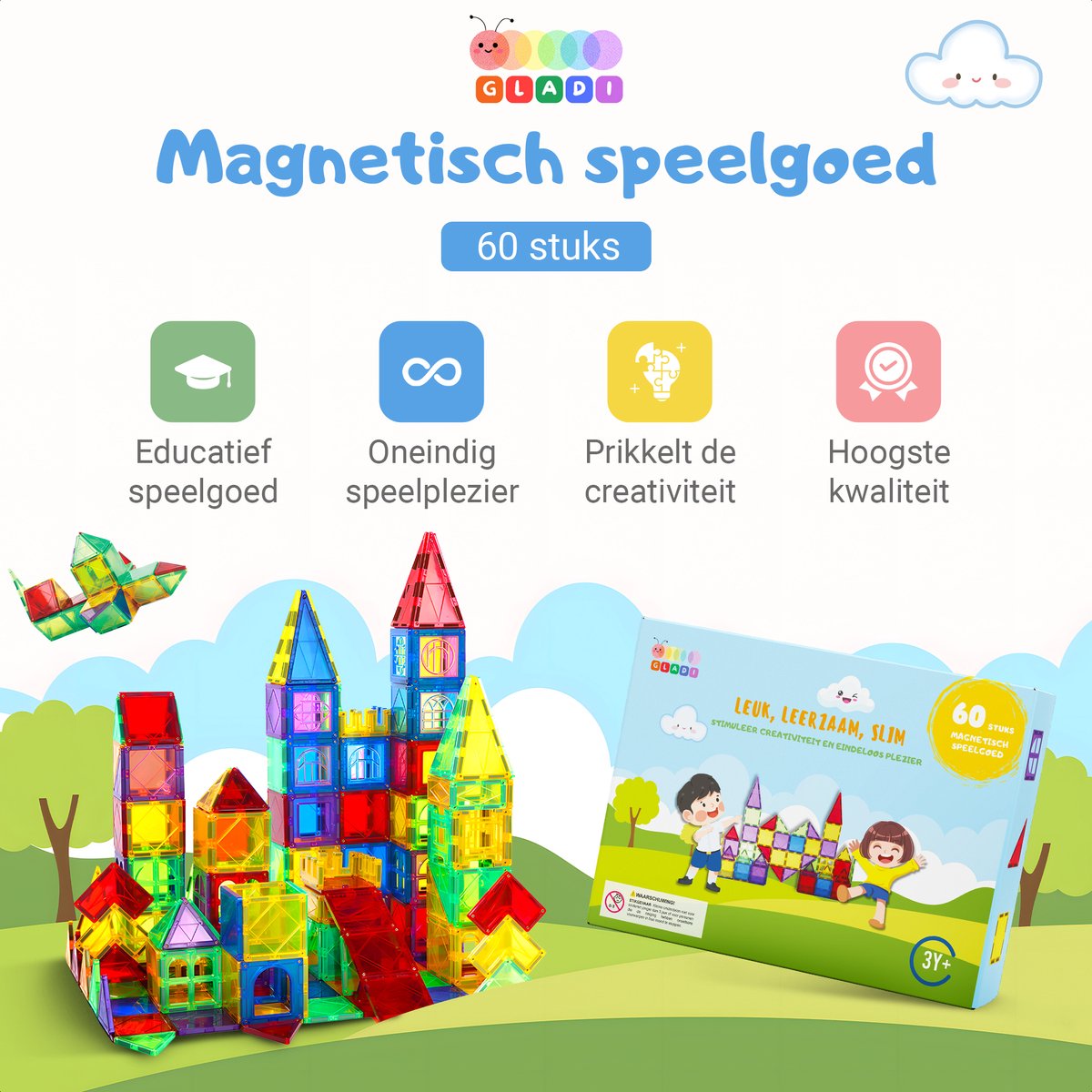 Gladi Tiles - 60 stuks - Magnetic Tiles - Magnetisch Speelgoed