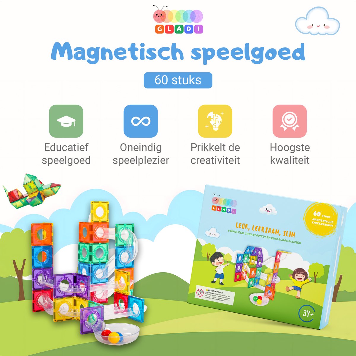 Gladi Tiles - 60 stuks knikkerbaan - Magnetic Tiles - Magnetisch Speelgoed