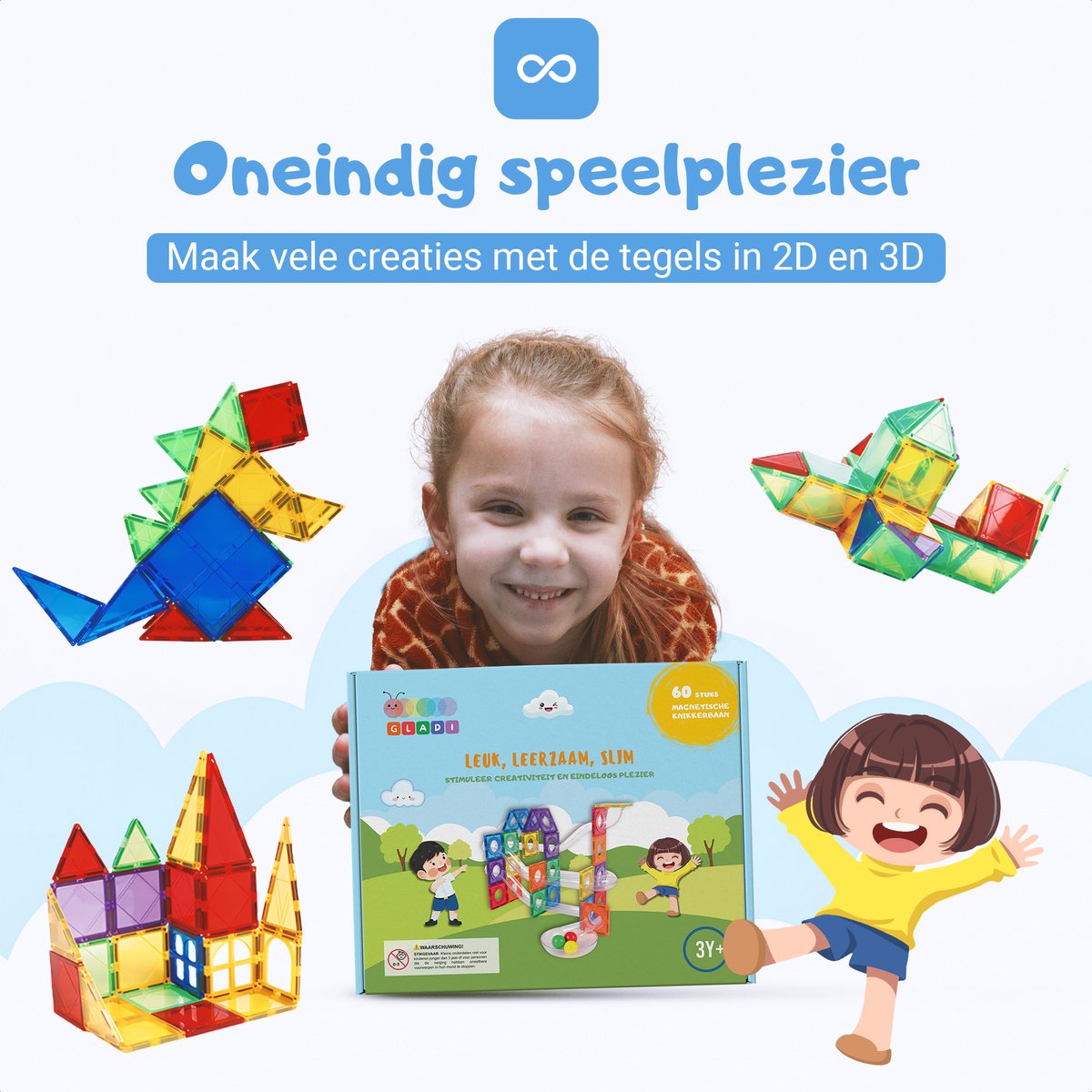 Gladi Tiles - 60 stuks knikkerbaan - Magnetic Tiles - Magnetisch Speelgoed