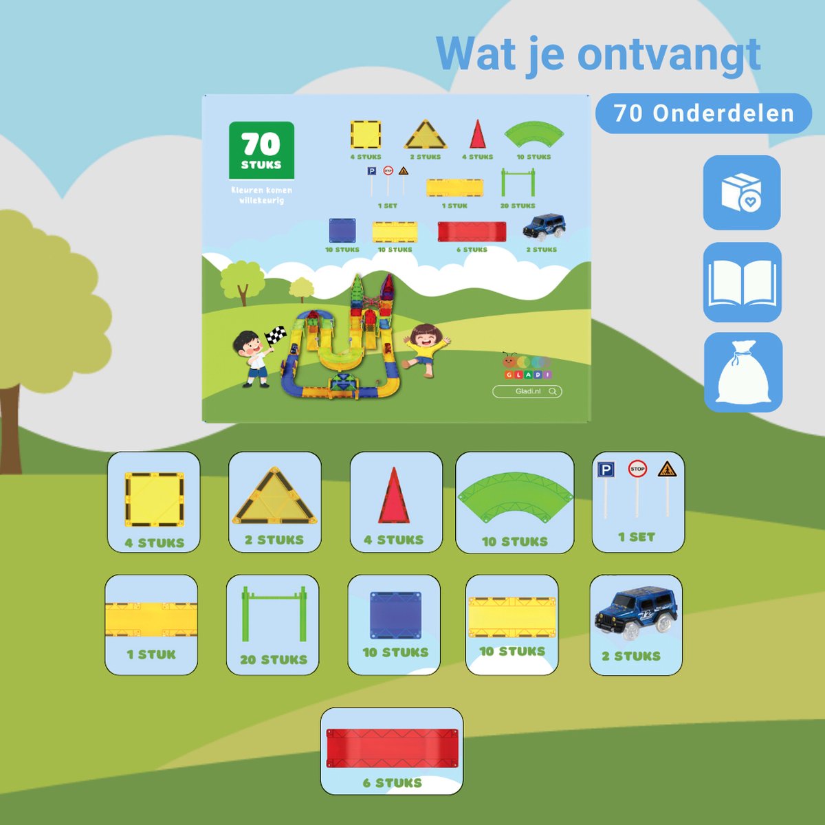 Gladi Tiles - 70 stuks racebaan - Magnetic Tiles - Magnetisch Speelgoed