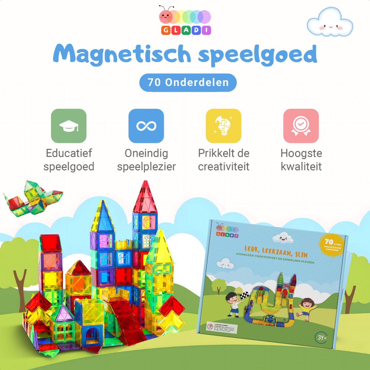 Gladi Tiles - 70 stuks racebaan - Magnetic Tiles - Magnetisch Speelgoed