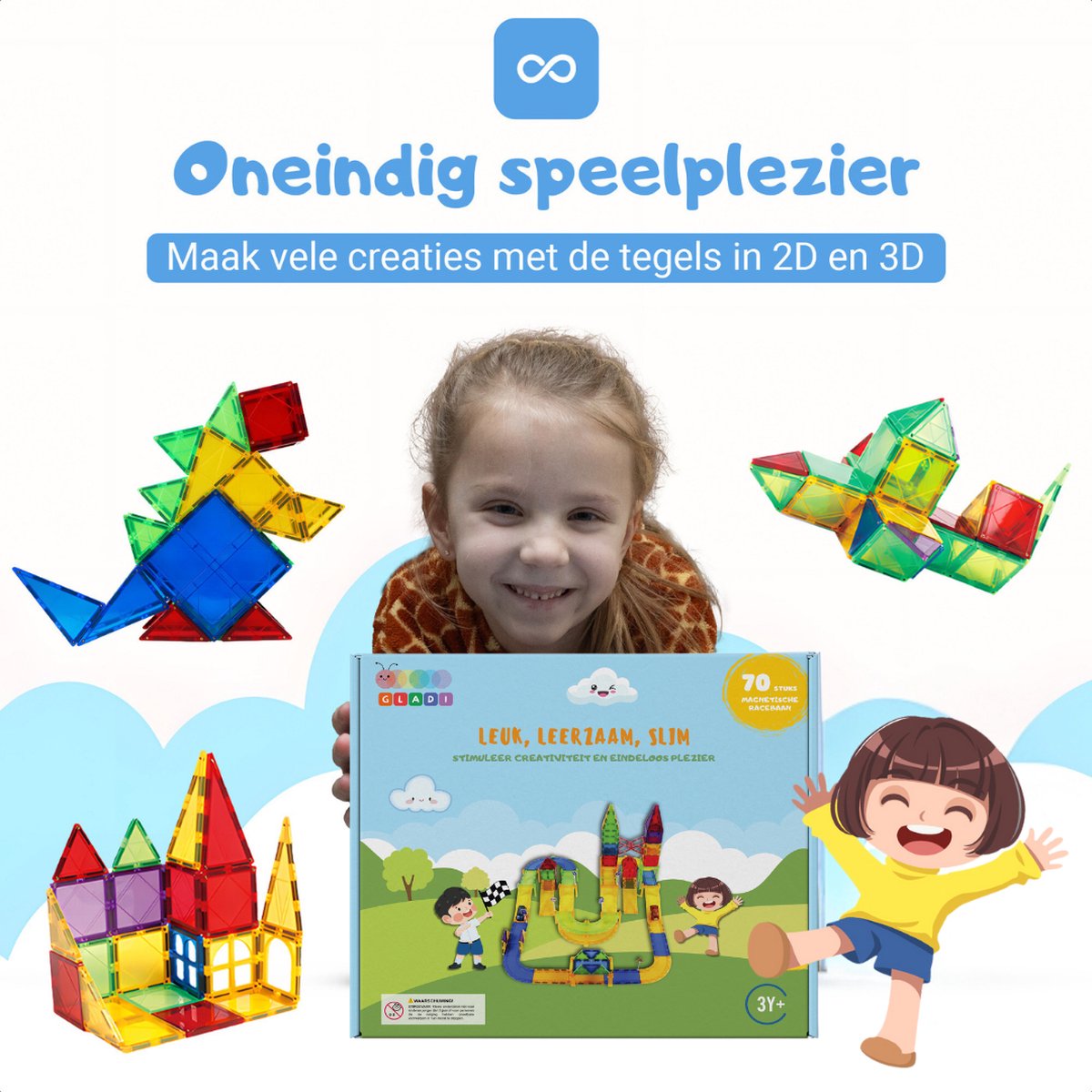 Gladi Tiles - 70 stuks racebaan - Magnetic Tiles - Magnetisch Speelgoed