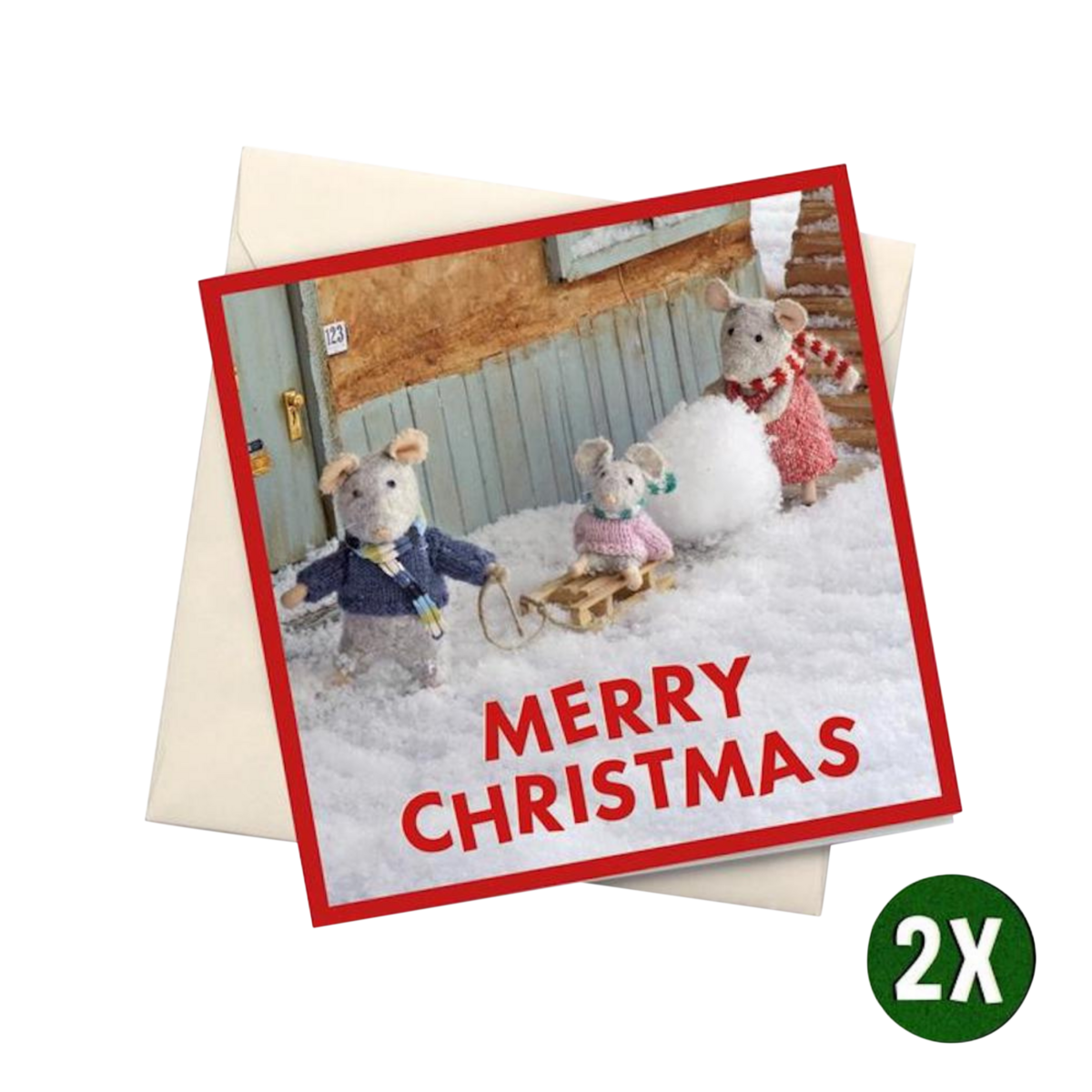 Kerstkaart Sam en Julia bij de kerstboom