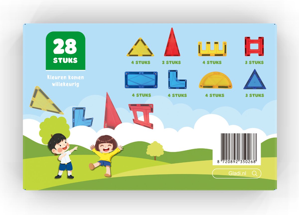 Gladi Tiles - 28 stuks bijzondere vormen - Magnetic Tiles - Magnetisch Speelgoed