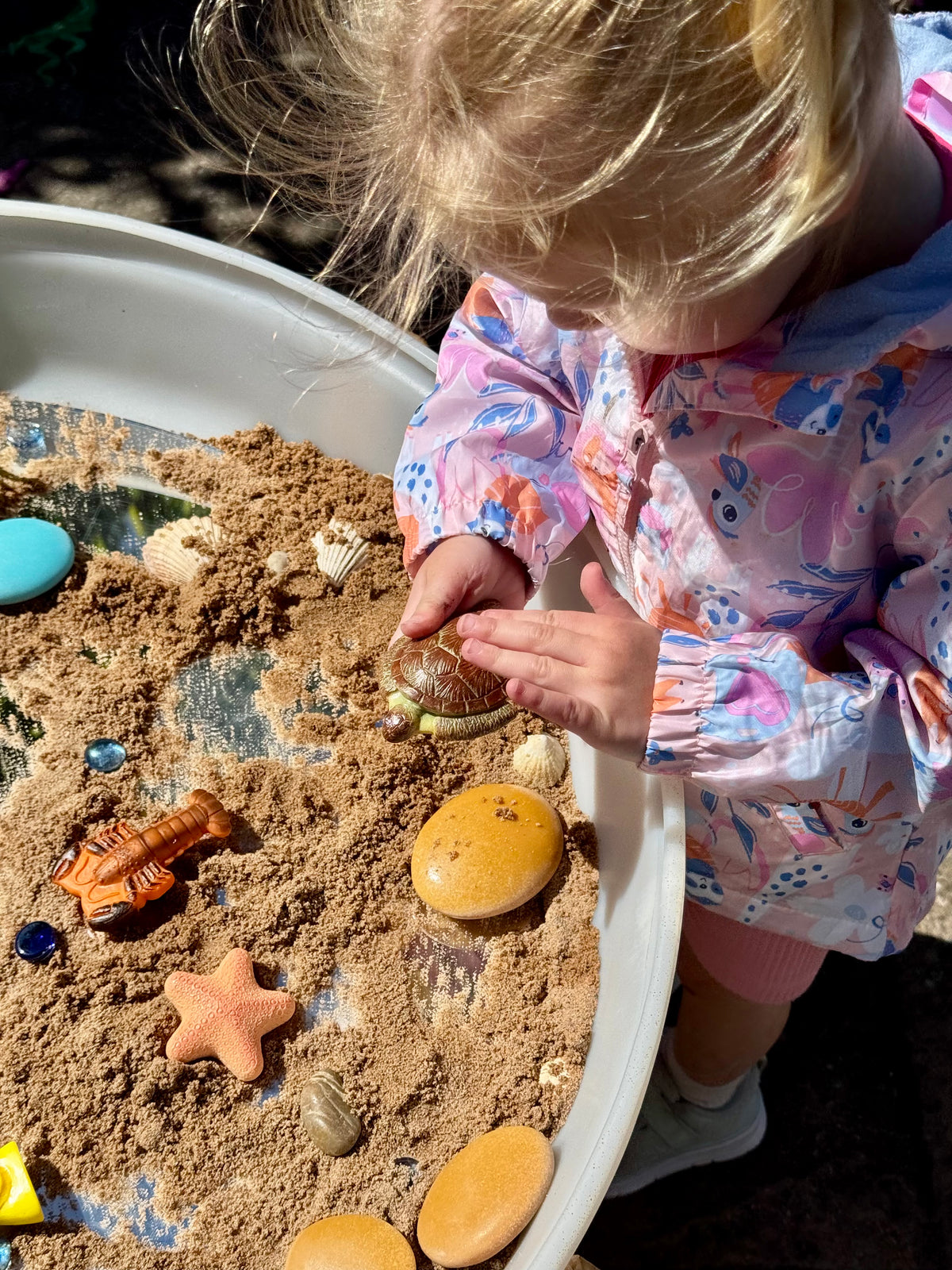 Kind speelt met de zeedieren in het zand