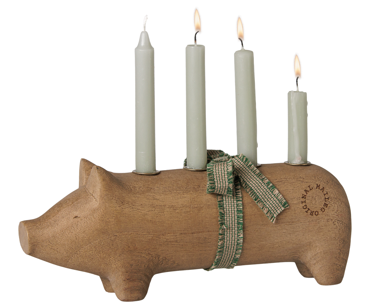 Maileg - Houten Kandelaar Varken Advent Medium - Naturel