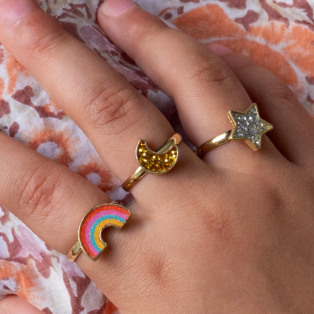 Rex London - Glitter ringen (set van 3) - Ster, regenboog & maan