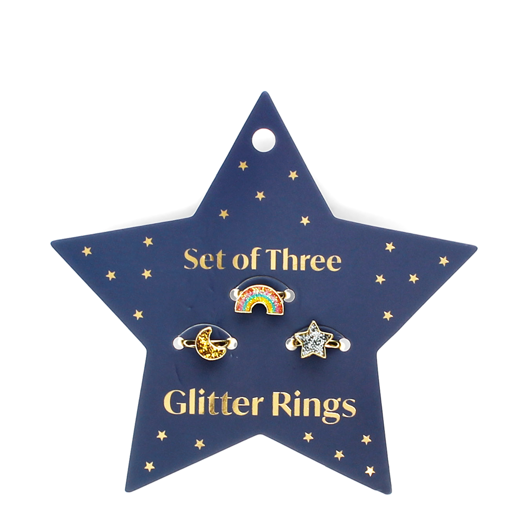 Rex London - Glitter ringen (set van 3) - Ster, regenboog & maan