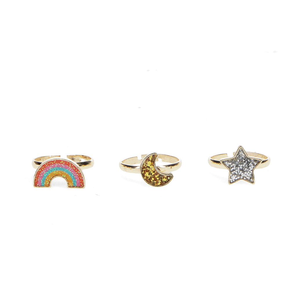 Rex London - Glitter ringen (set van 3) - Ster, regenboog & maan