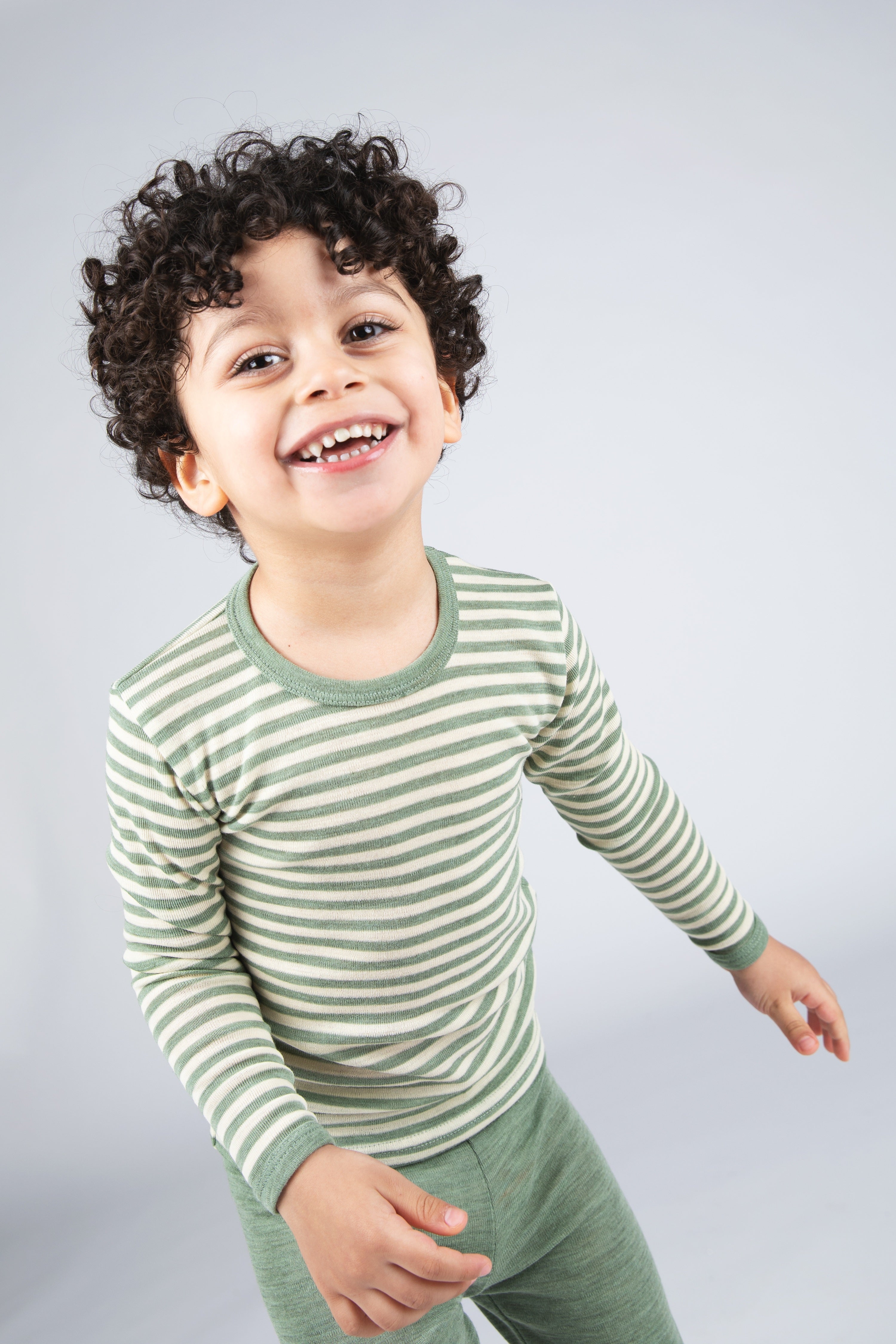 Engel Natur - Wol/Zijde Kinder Shirt, Lange Mouw - Saliegroen Mélange/Naturel