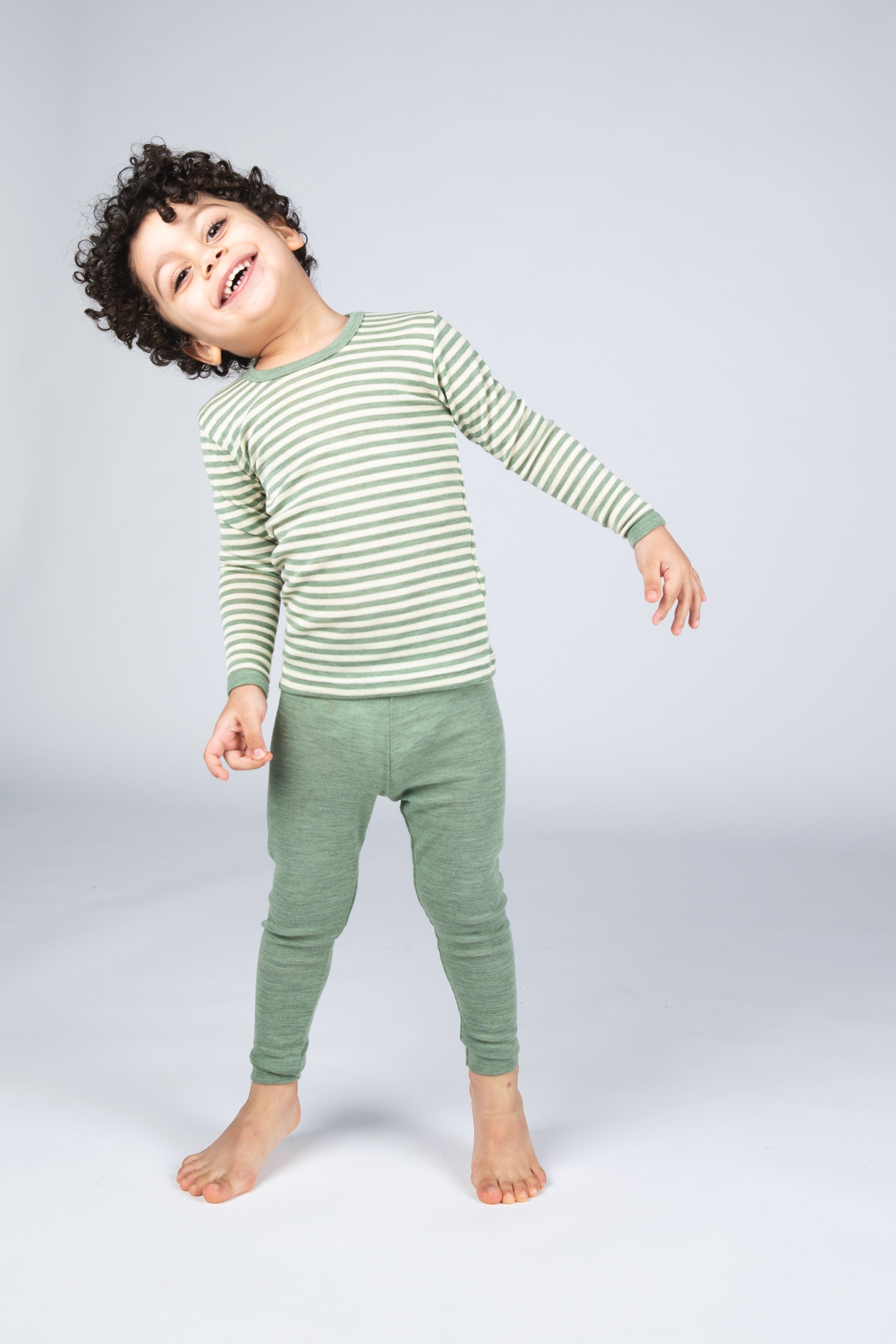 Engel Natur - Wol/Zijde Kinder Shirt, Lange Mouw - Saliegroen Mélange/Naturel