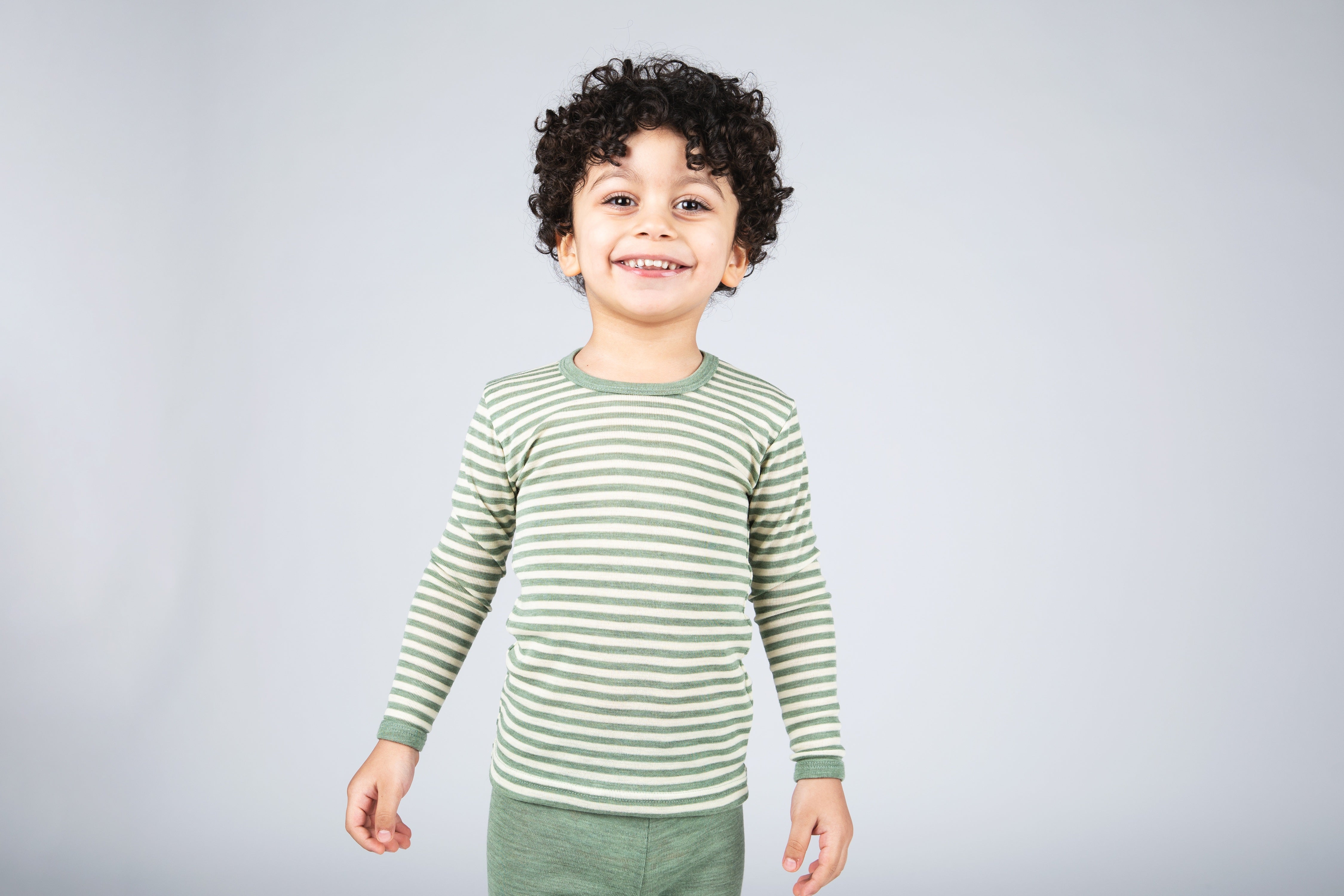 Engel Natur - Wol/Zijde Kinder Shirt, Lange Mouw - Saliegroen Mélange/Naturel