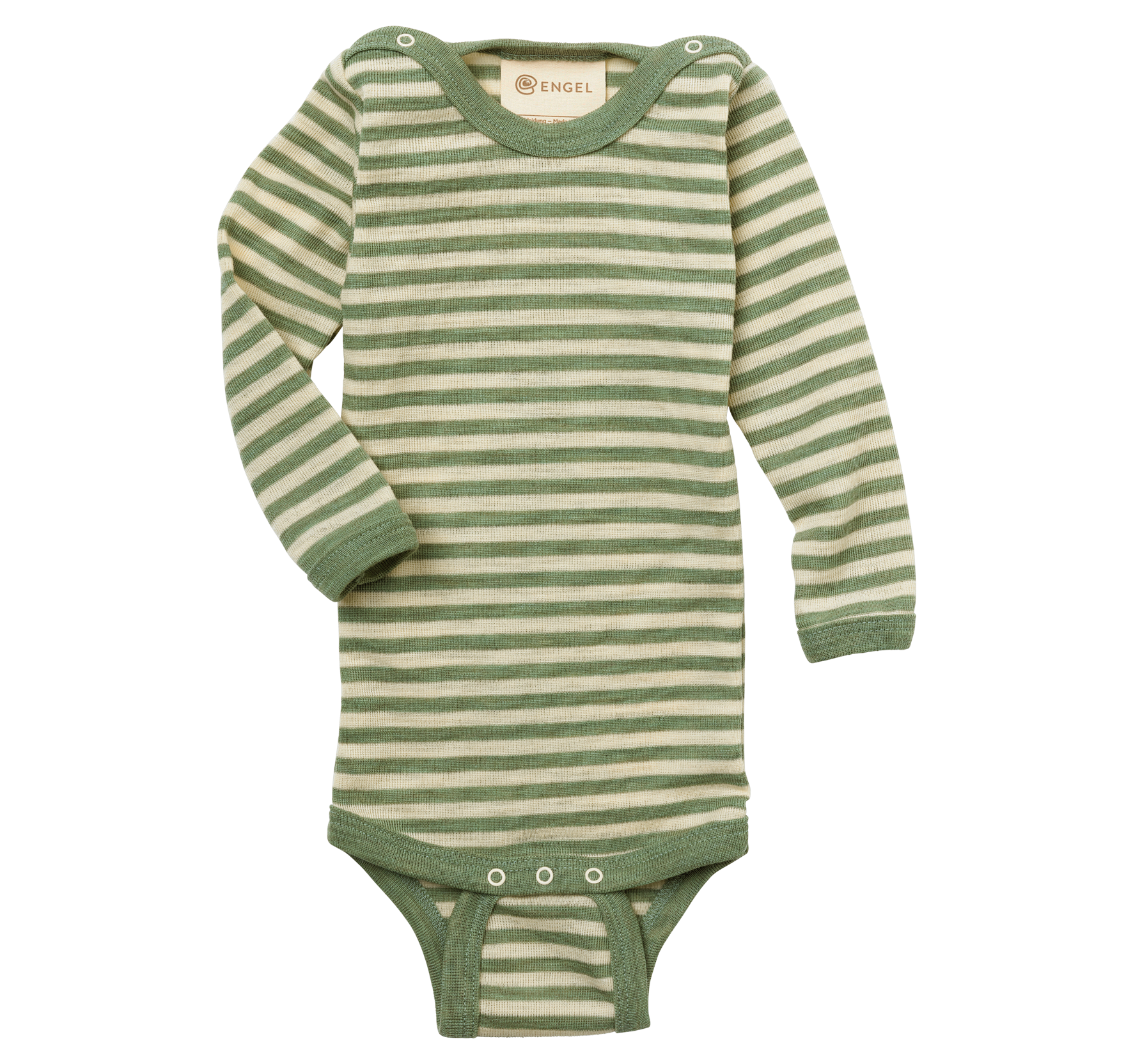 Engel Natur - Wol Baby Romper Lange Mouw met Drukknopen op de Schouders - Saliegroen Mélange/Naturel