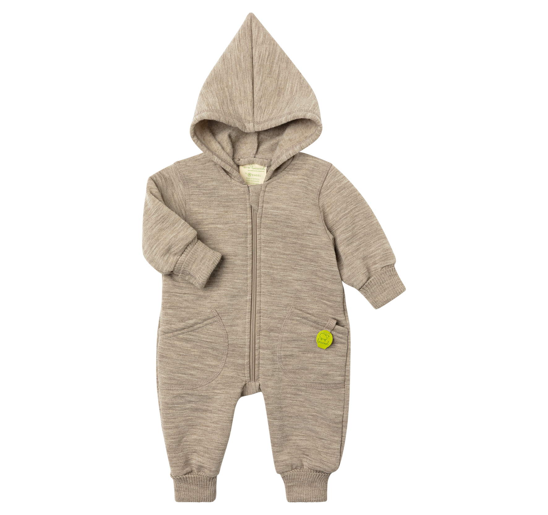 Engel Natur - Wol Baby Capuchon-overall met Rits - Berk Mélange